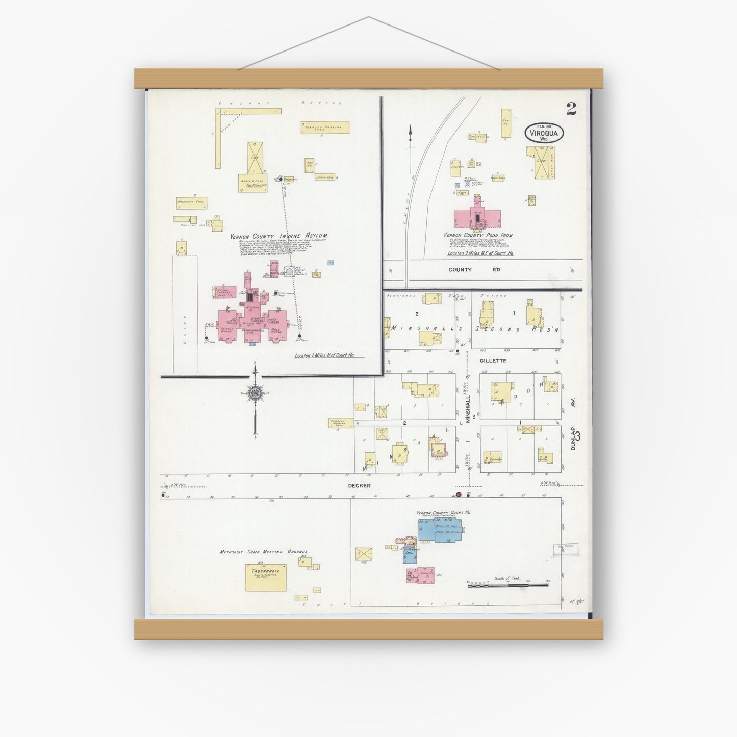 Old map wall art mockup — magnetic wood frame on white wall — Sanborn Fire Insurance Map from Viroqua, Vernon County, Wisconsin (1911), Sheet #0002