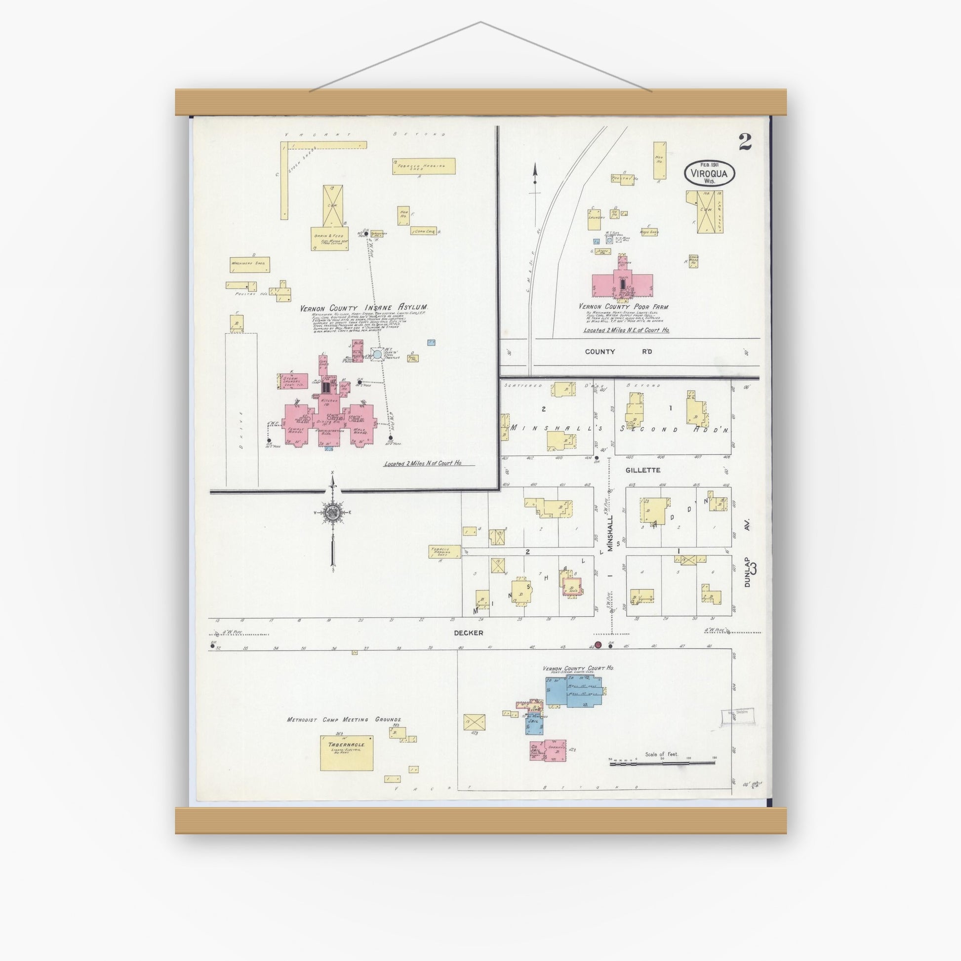 Old map wall art mockup — magnetic wood frame on white wall — Sanborn Fire Insurance Map from Viroqua, Vernon County, Wisconsin (1911), Sheet #0002
