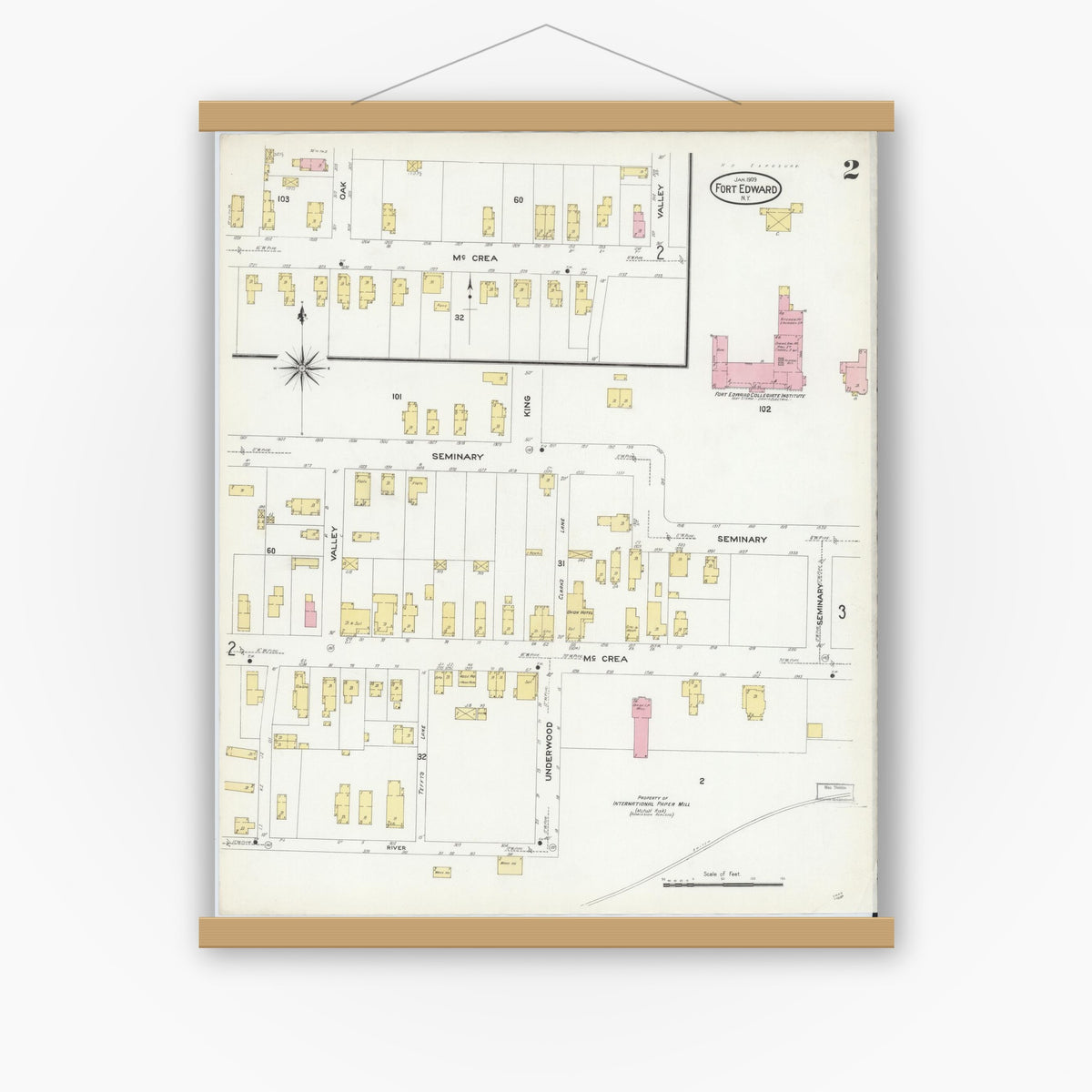 Old map wall art mockup — magnetic wood frame on white wall — Sanborn Fire Insurance Map from Fort Edward, Washington County, New York (1909) - Complete Map Set