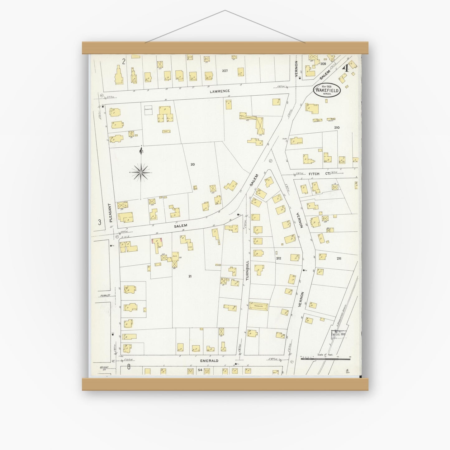 Old map wall art mockup — magnetic wood frame on white wall — Sanborn Fire Insurance Map from Wakefield, Middlesex County, Massachusetts (1909), Sheet #0004