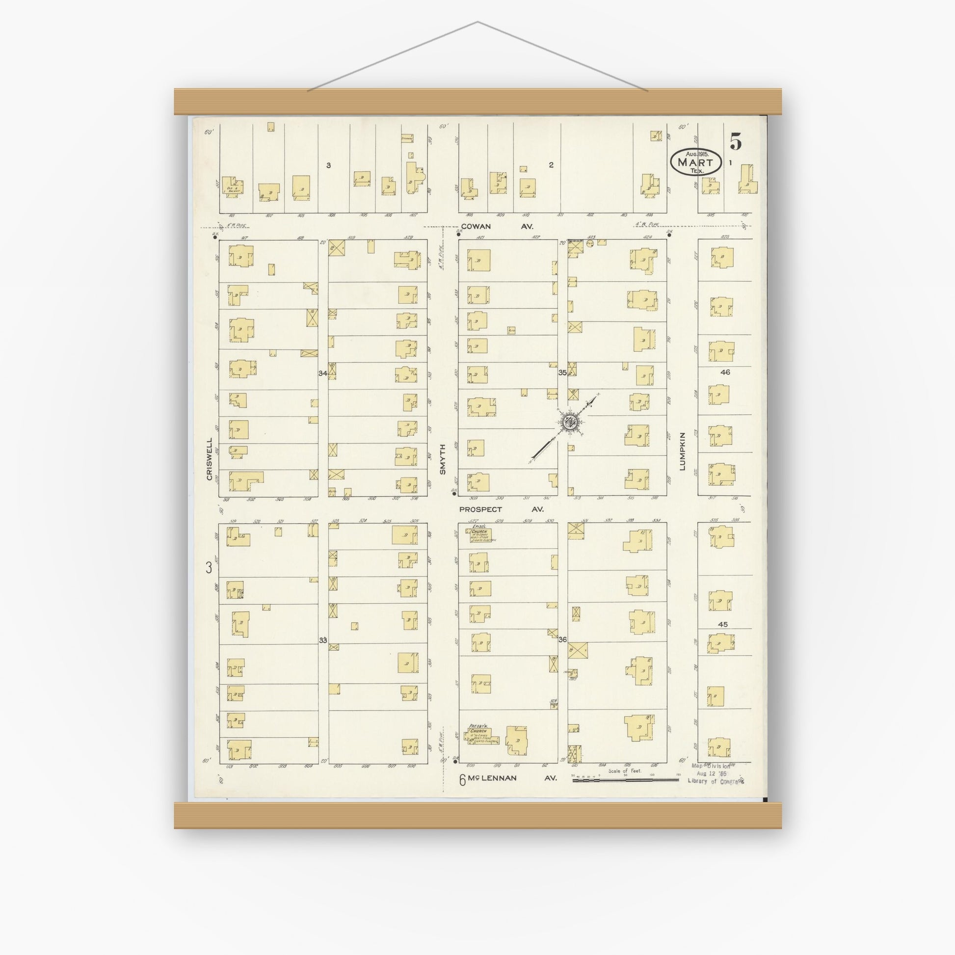 Old map wall art mockup — magnetic wood frame on white wall — Sanborn Fire Insurance Map from Mart, McLennan County, Texas (1915), Sheet #0005