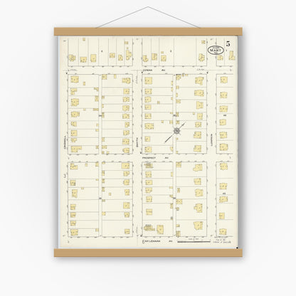 Old map wall art mockup — magnetic wood frame on white wall — Sanborn Fire Insurance Map from Mart, McLennan County, Texas (1915), Sheet #0005
