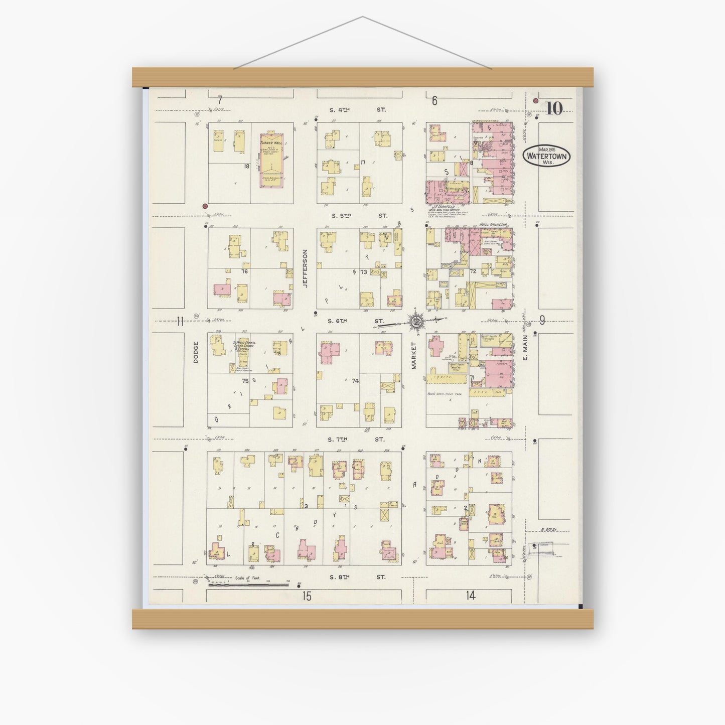 Old map wall art mockup — magnetic wood frame on white wall — Sanborn Fire Insurance Map from Watertown, Jefferson County, Wisconsin (1915), Sheet #0011