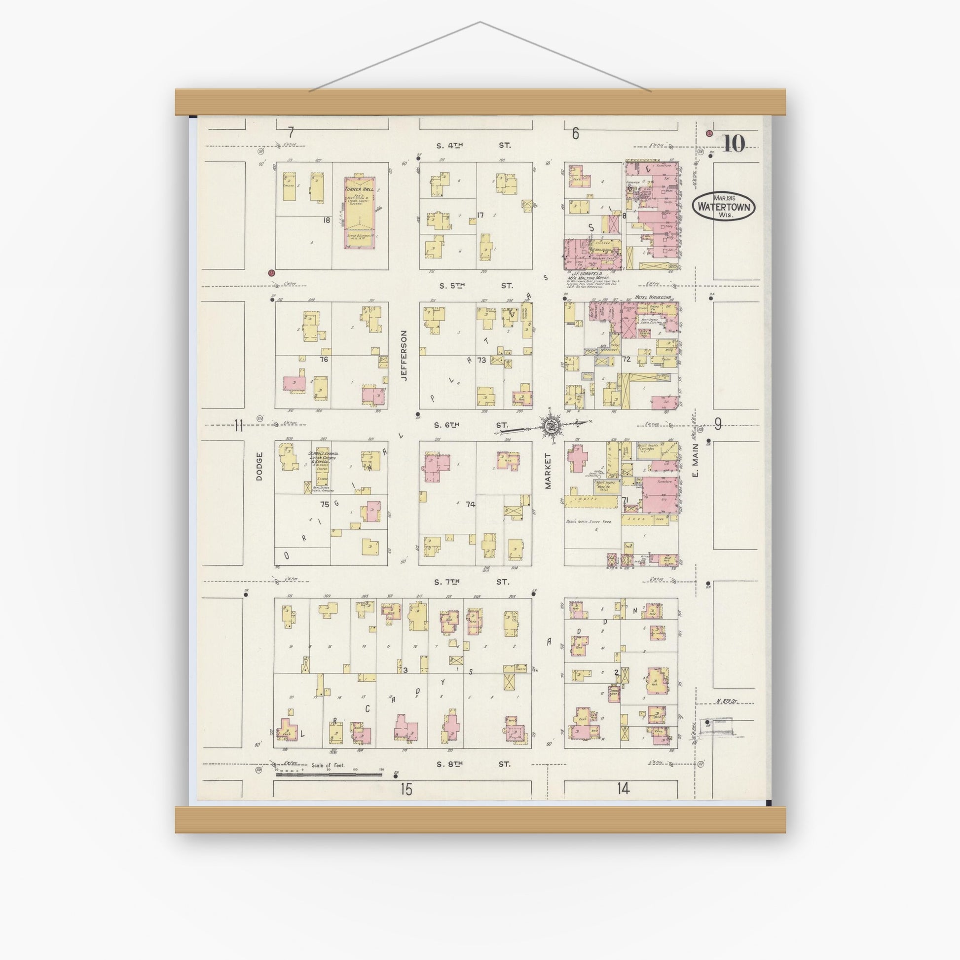 Old map wall art mockup — magnetic wood frame on white wall — Sanborn Fire Insurance Map from Watertown, Jefferson County, Wisconsin (1915), Sheet #0011
