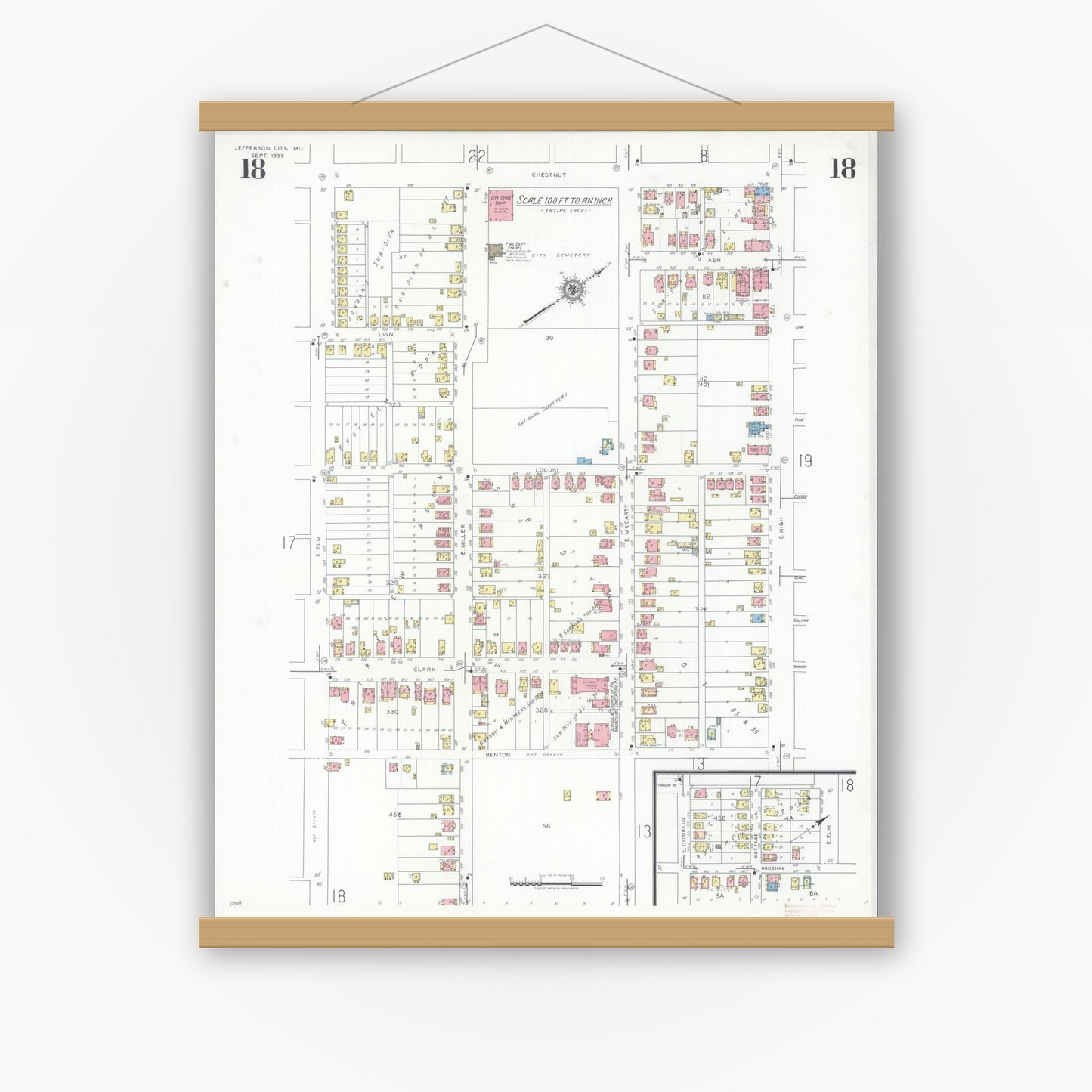 Old map wall art mockup — magnetic wood frame on white wall — Sanborn Fire Insurance Map from Jefferson City, Cole County, Missouri (1939), Sheet #0018