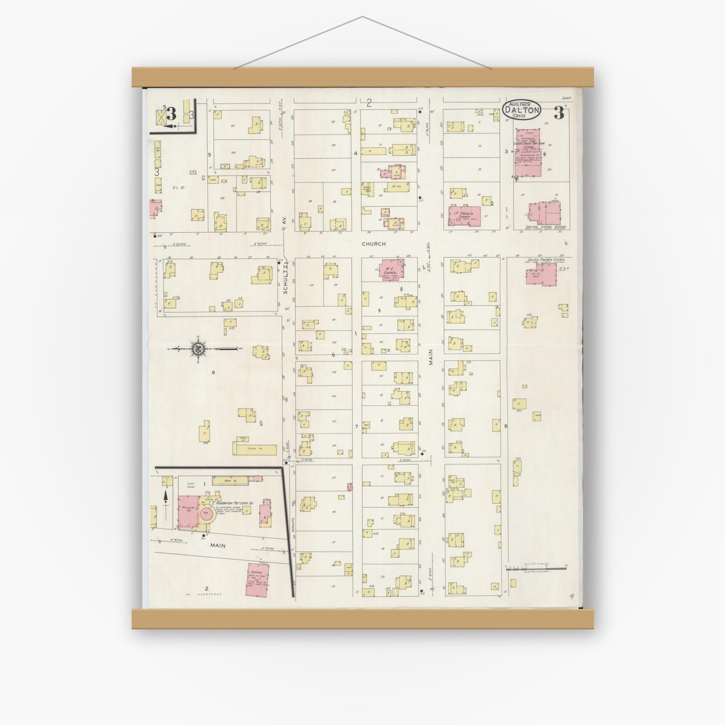 Old map wall art mockup — magnetic wood frame on white wall — Sanborn Fire Insurance Map from Dalton, Wayne County, Ohio (1929), Sheet #0003