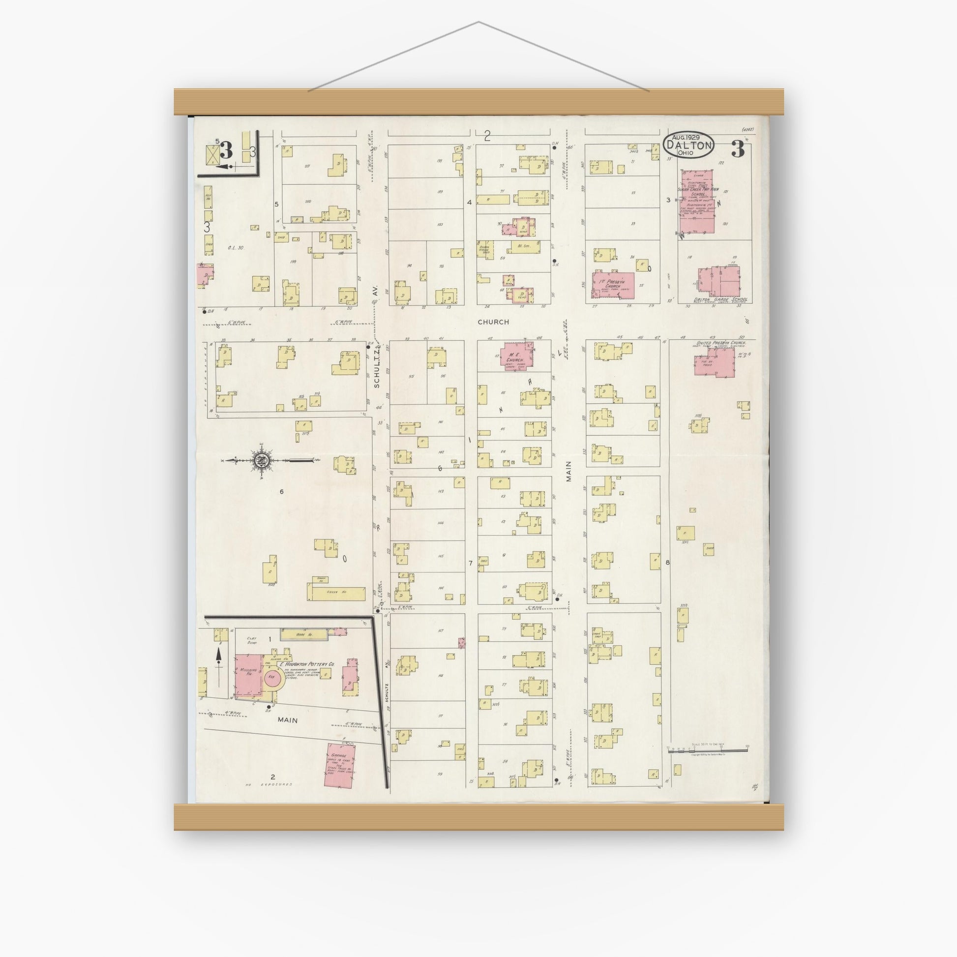 Old map wall art mockup — magnetic wood frame on white wall — Sanborn Fire Insurance Map from Dalton, Wayne County, Ohio (1929), Sheet #0003