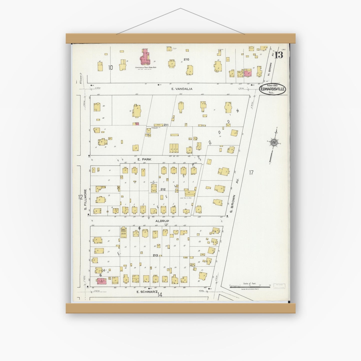 Old map wall art mockup — magnetic wood frame on white wall — Sanborn Fire Insurance Map from Edwardsville, Madison County, Illinois (1921), Sheet #0013