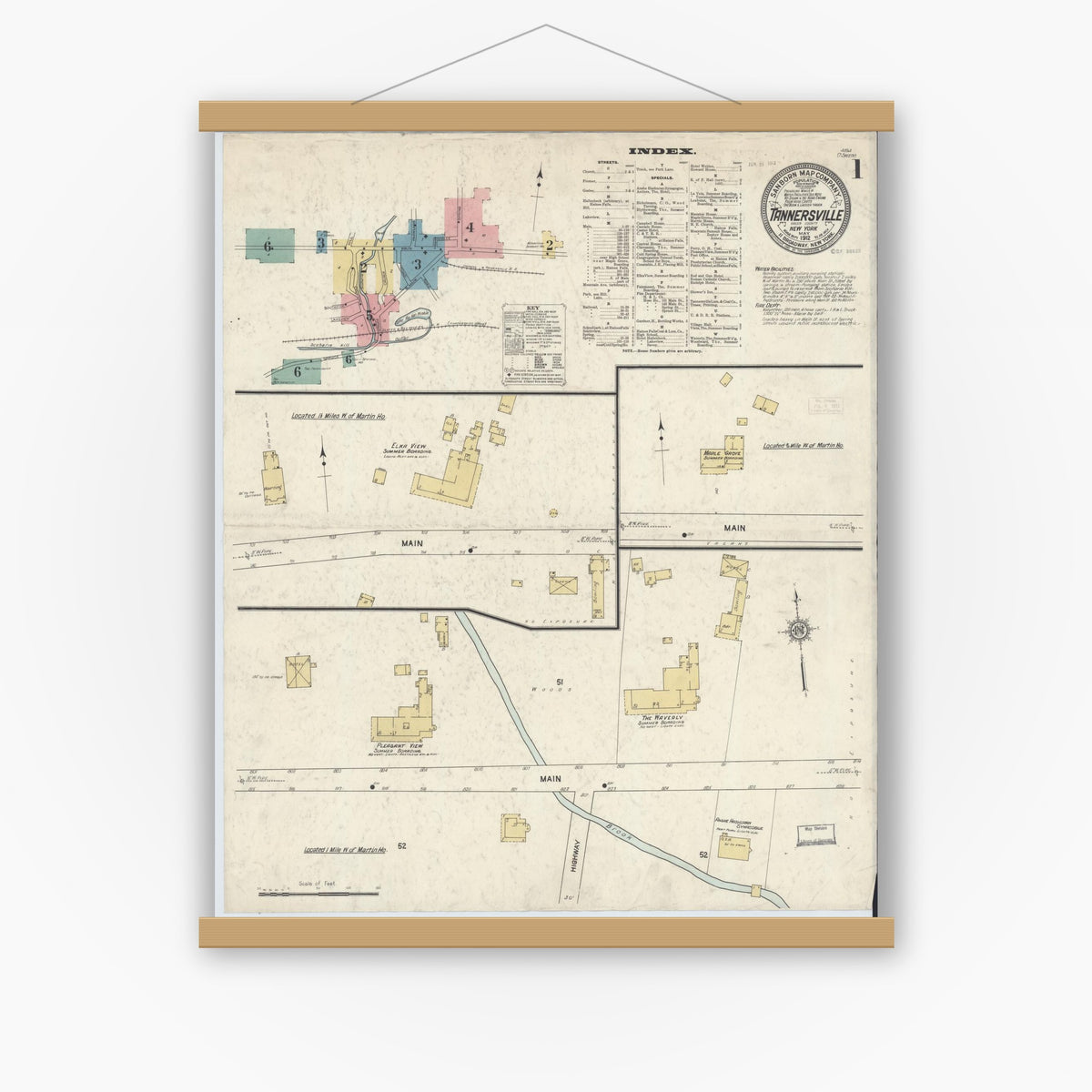 Old map wall art mockup — magnetic wood frame on white wall — Sanborn Fire Insurance Map from Tannersville, Greene County, New York (1912), Sheet #0001