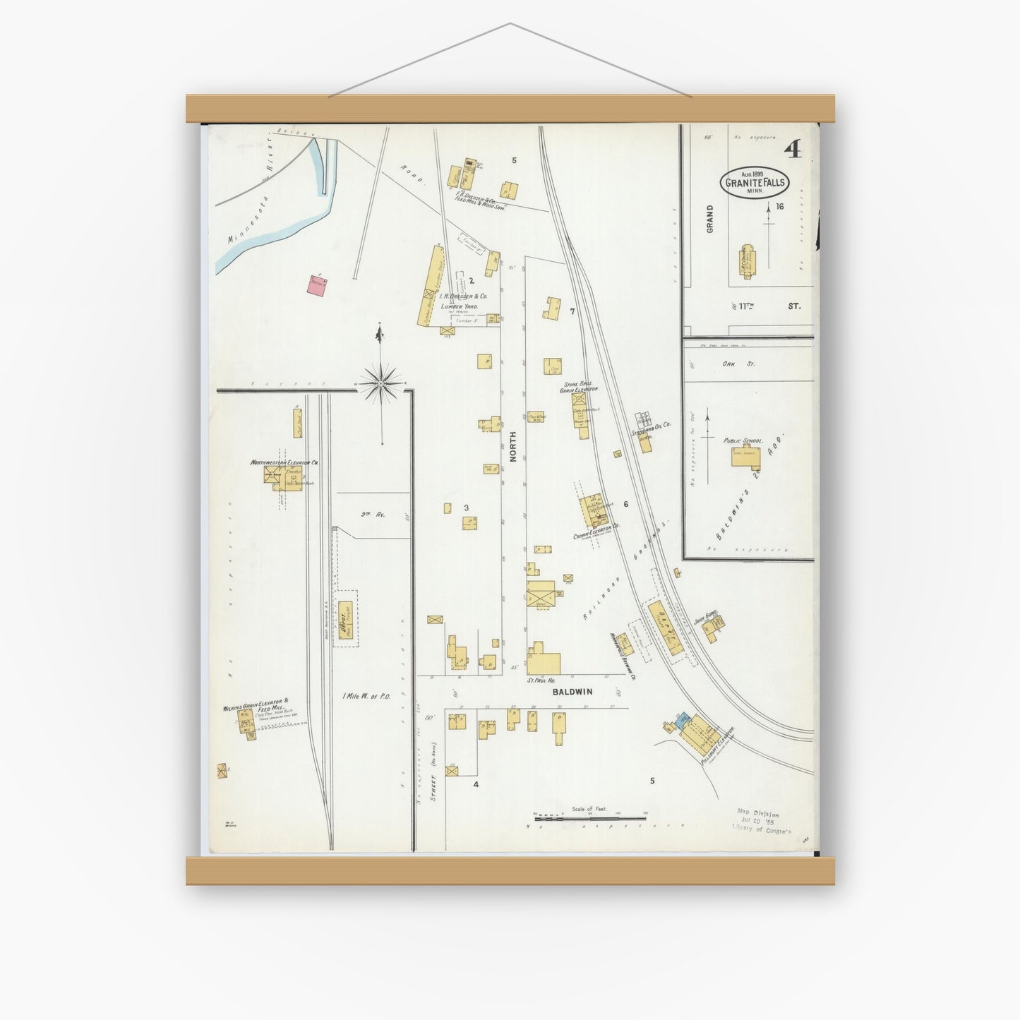 Old map wall art mockup — magnetic wood frame on white wall — Sanborn Fire Insurance Map from Granite Falls, Yellow Medicine And Chippewa Counties, Minnesota (1899), Sheet #0004