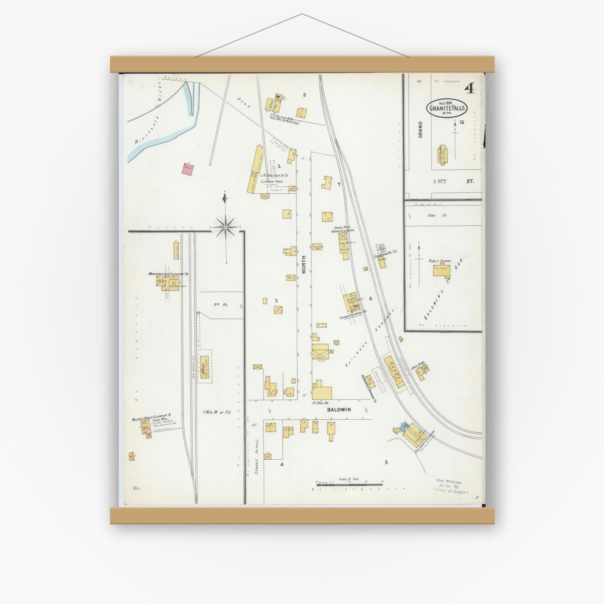 Old map wall art mockup — magnetic wood frame on white wall — Sanborn Fire Insurance Map from Granite Falls, Yellow Medicine And Chippewa Counties, Minnesota (1899), Sheet #0004