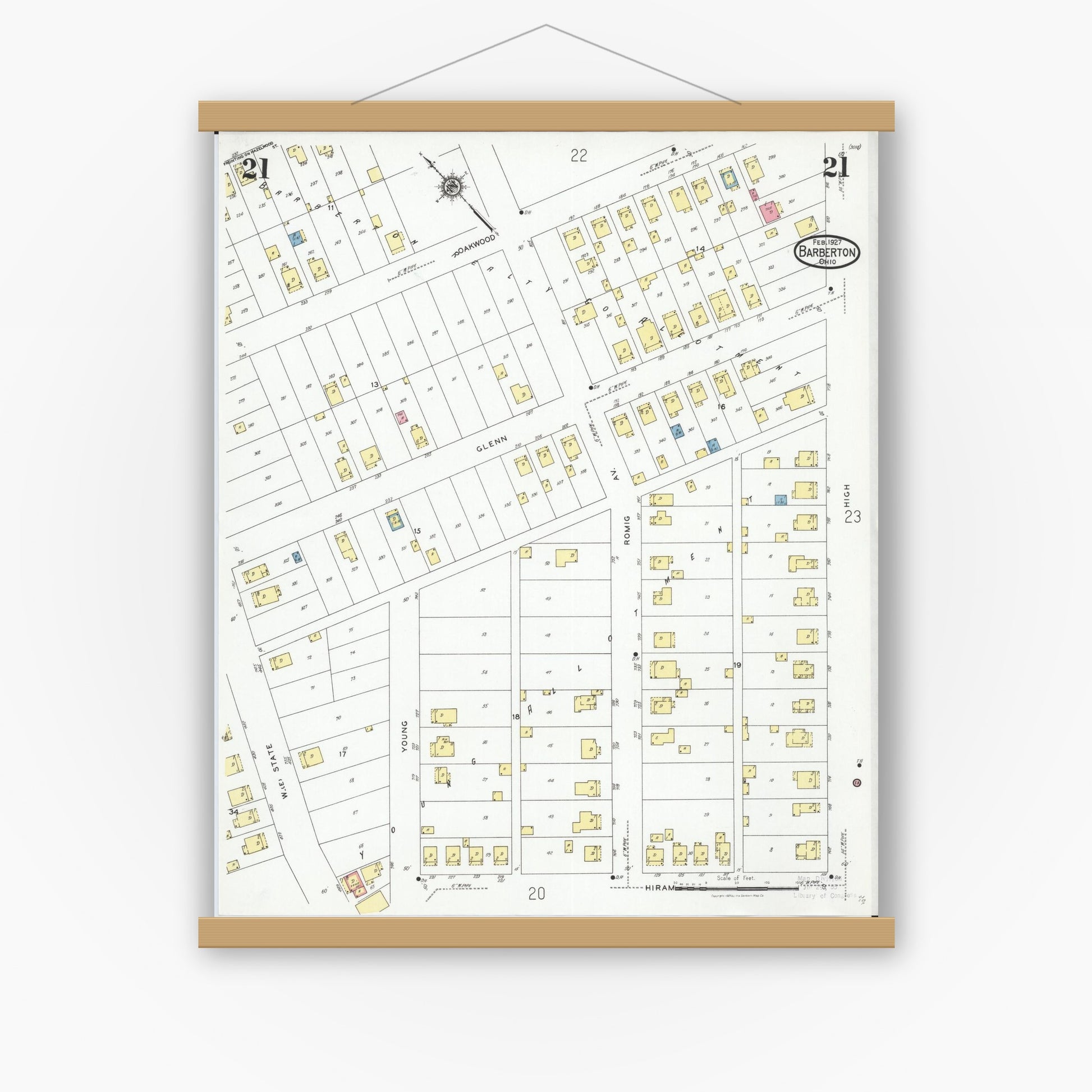 Old map wall art mockup — magnetic wood frame on white wall — Sanborn Fire Insurance Map from Barberton, Summit County, Ohio (1927), Sheet #0021
