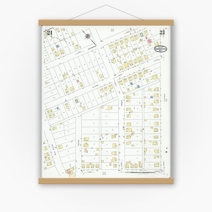 Old map wall art mockup — magnetic wood frame on white wall — Sanborn Fire Insurance Map from Barberton, Summit County, Ohio (1927), Sheet #0021
