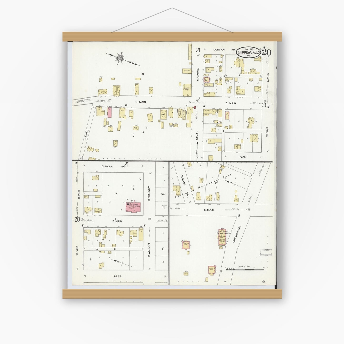 Old map wall art mockup — magnetic wood frame on white wall — Sanborn Fire Insurance Map from Chippewa Falls, Chippewa County, Wisconsin (1910), Sheet #0020