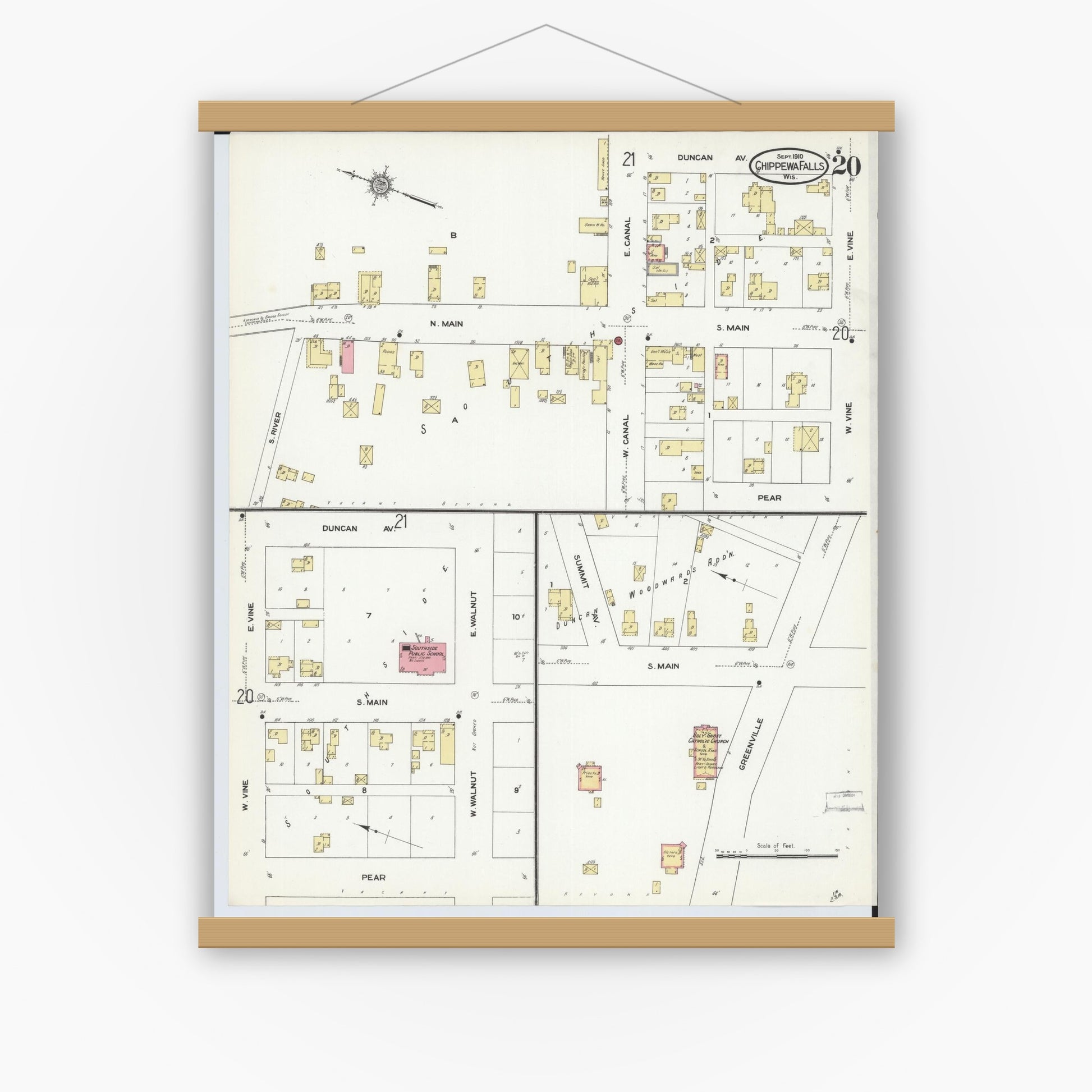 Old map wall art mockup — magnetic wood frame on white wall — Sanborn Fire Insurance Map from Chippewa Falls, Chippewa County, Wisconsin (1910), Sheet #0020