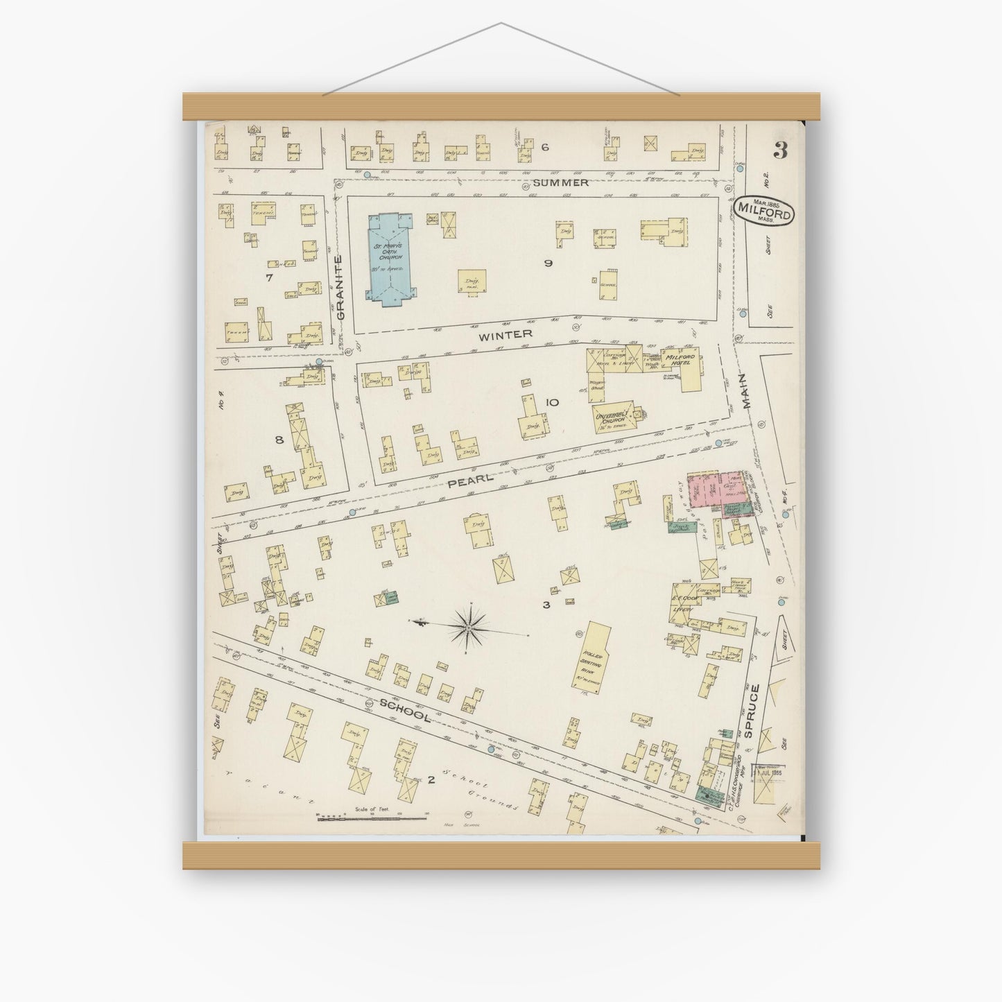 Old map wall art mockup — magnetic wood frame on white wall — Sanborn Fire Insurance Map from Milford, Worcester County, Massachusetts (1885), Sheet #0003