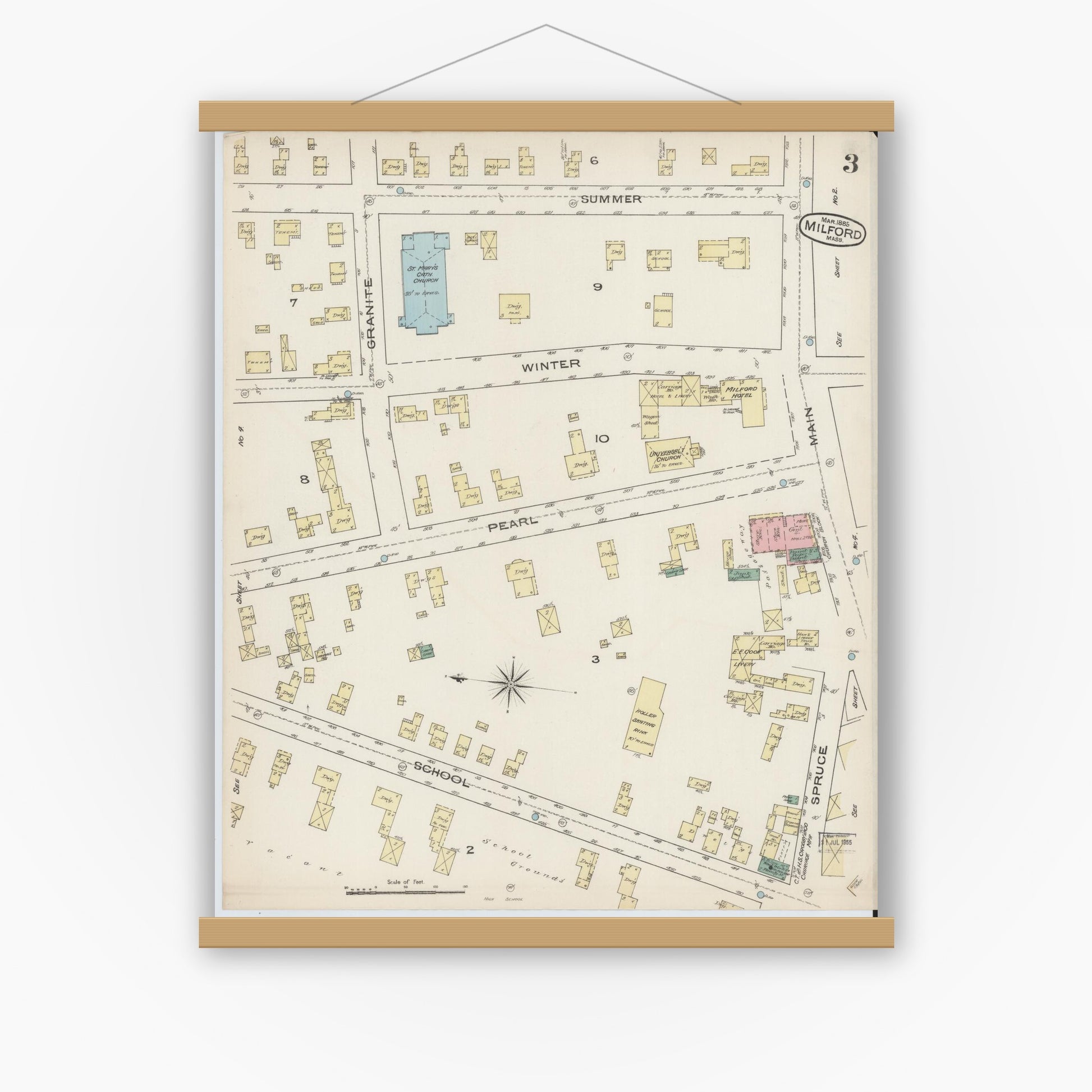 Old map wall art mockup — magnetic wood frame on white wall — Sanborn Fire Insurance Map from Milford, Worcester County, Massachusetts (1885), Sheet #0003