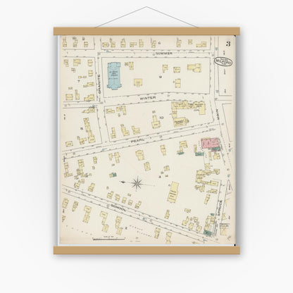 Old map wall art mockup — magnetic wood frame on white wall — Sanborn Fire Insurance Map from Milford, Worcester County, Massachusetts (1885), Sheet #0003