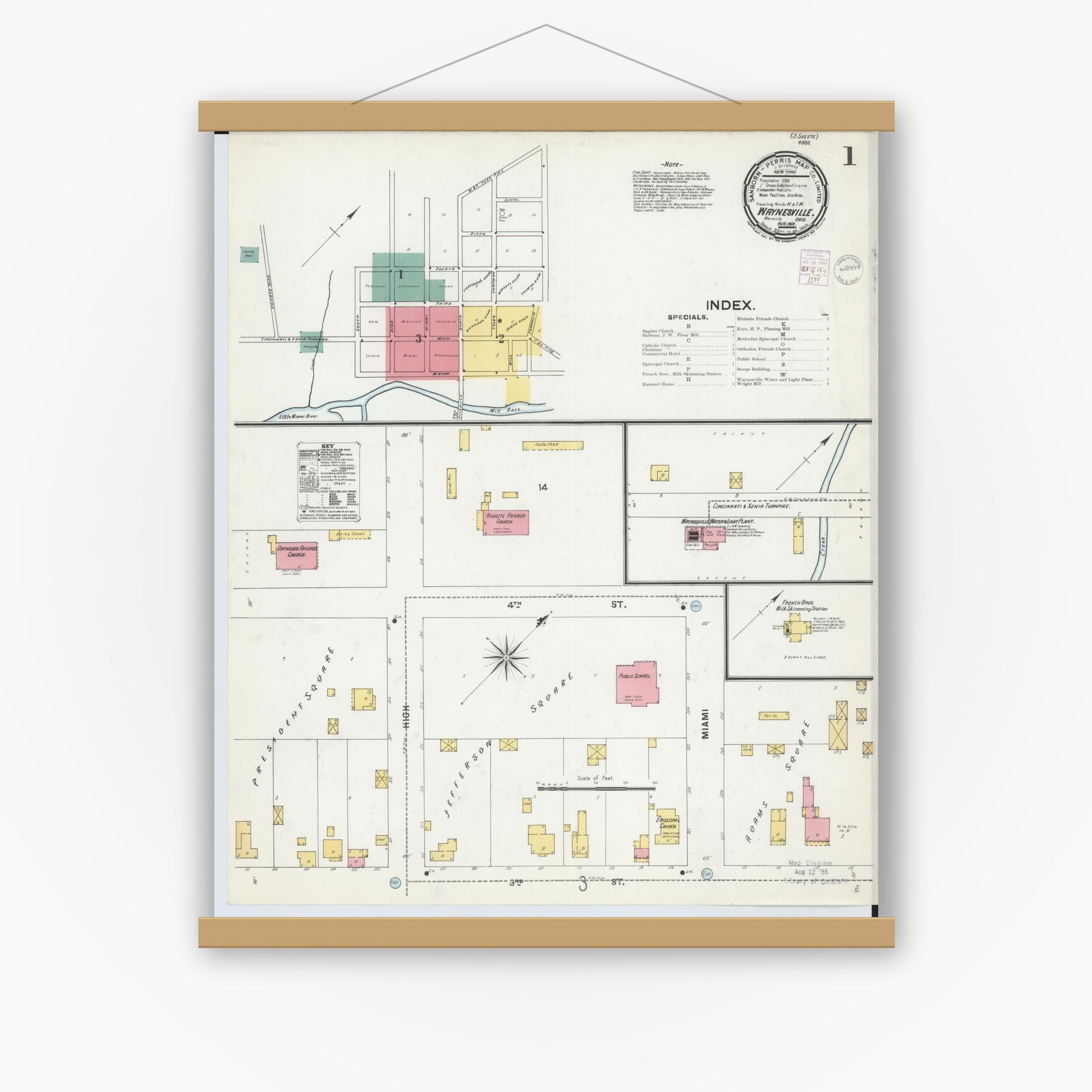Old map wall art mockup — magnetic wood frame on white wall — Sanborn Fire Insurance Map from Waynesville, Warren County, Ohio (1901) - Complete Map Set