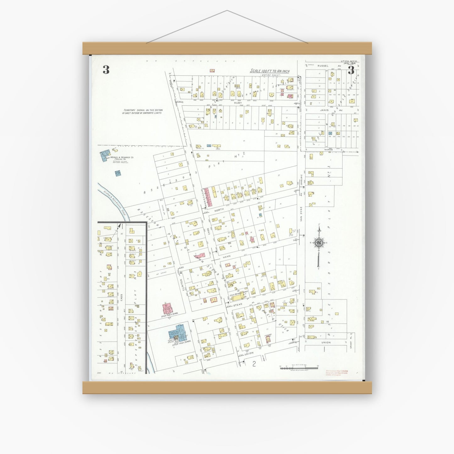 Old map wall art mockup — magnetic wood frame on white wall — Sanborn Fire Insurance Map from Utica, Macomb County, Michigan (1941), Sheet #0003