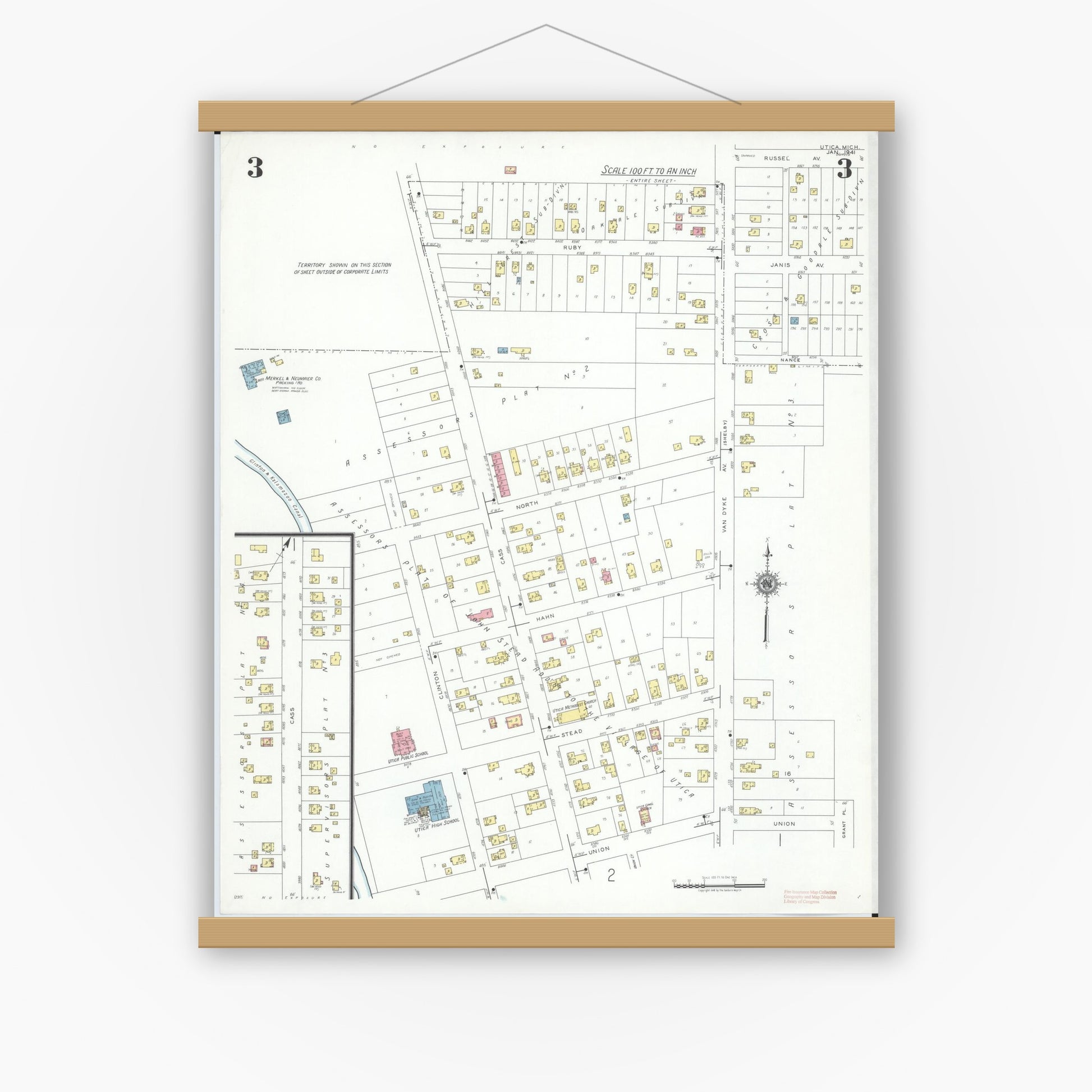 Old map wall art mockup — magnetic wood frame on white wall — Sanborn Fire Insurance Map from Utica, Macomb County, Michigan (1941), Sheet #0003