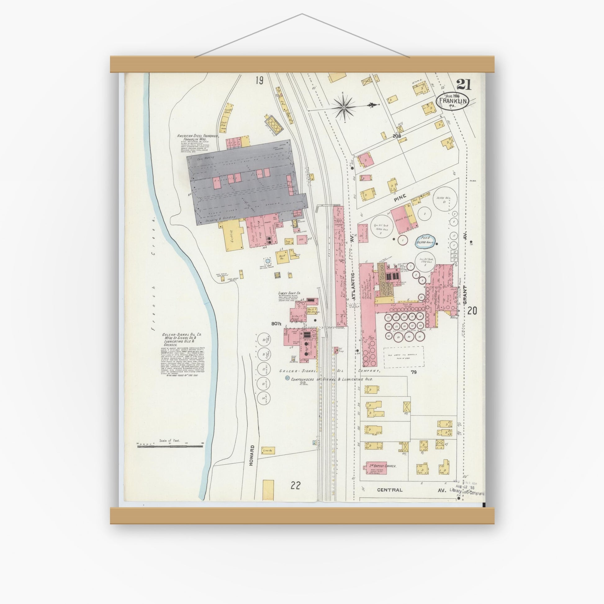 Old map wall art mockup — magnetic wood frame on white wall — Sanborn Fire Insurance Map from Franklin, Venango County, Pennsylvania (1906), Sheet #0021