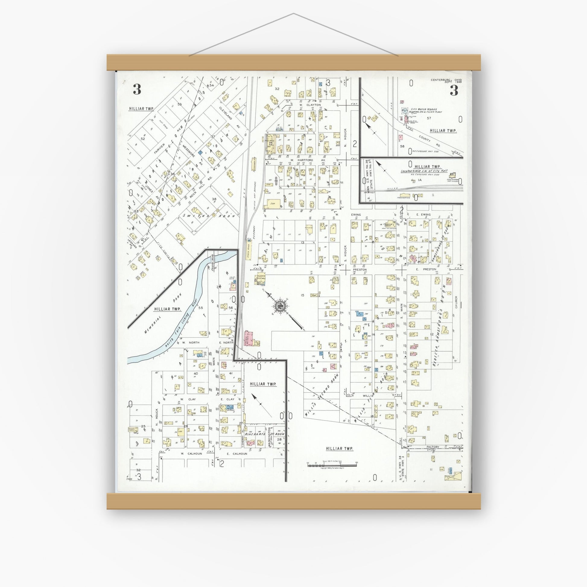 Old map wall art mockup — magnetic wood frame on white wall — Sanborn Fire Insurance Map from Centerburg, Knox County, Ohio (1949), Sheet #0003