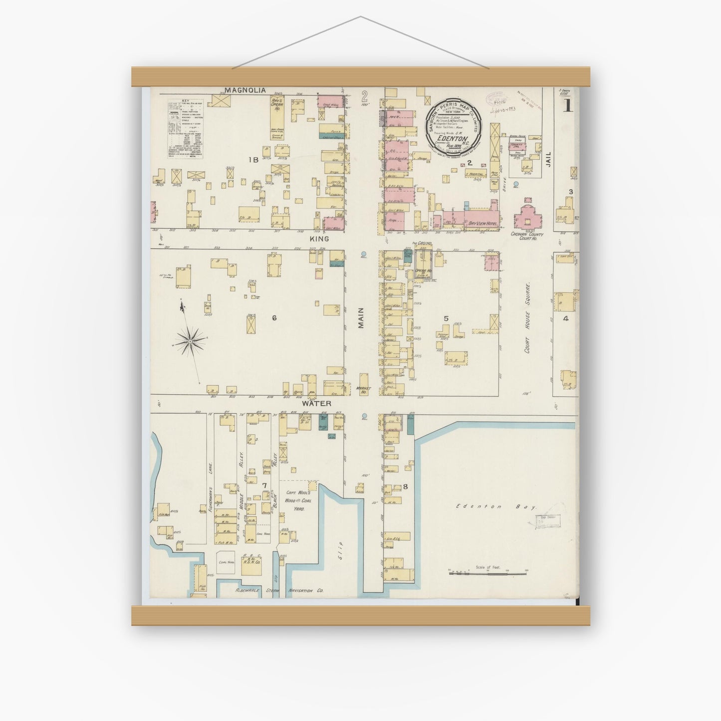 Old map wall art mockup — magnetic wood frame on white wall — Sanborn Fire Insurance Map from Edenton, Chowan County, North Carolina (1893) - Complete Map Set