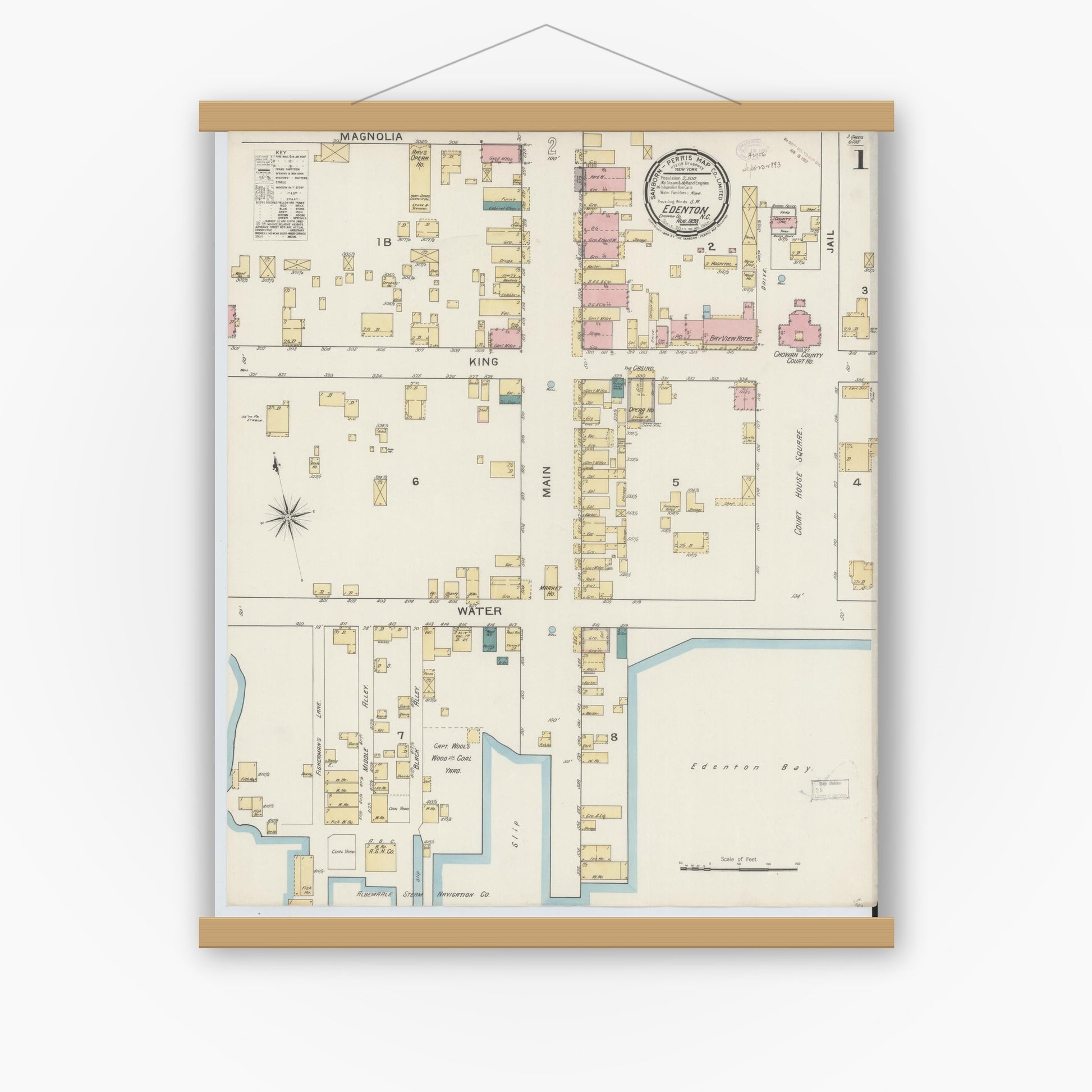 Old map wall art mockup — magnetic wood frame on white wall — Sanborn Fire Insurance Map from Edenton, Chowan County, North Carolina (1893) - Complete Map Set