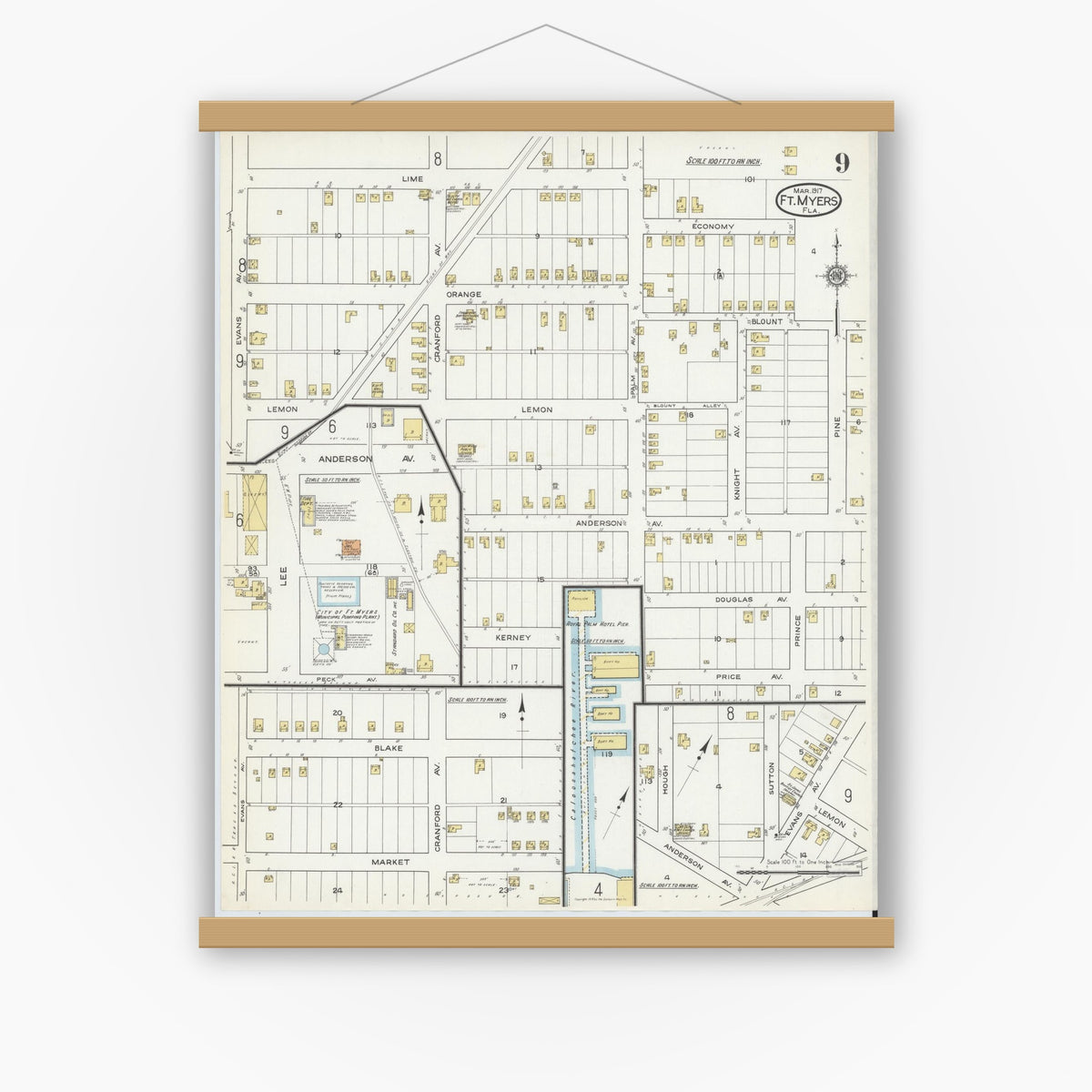 Old map wall art mockup — magnetic wood frame on white wall — Sanborn Fire Insurance Map from Fort Myers, Lee County, Florida (1917), Sheet #0009
