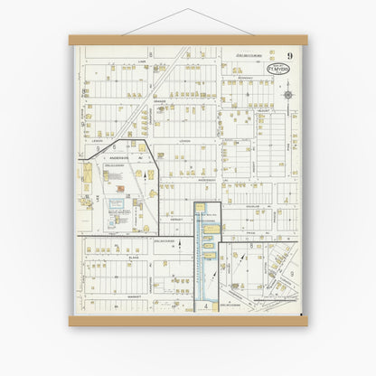 Old map wall art mockup — magnetic wood frame on white wall — Sanborn Fire Insurance Map from Fort Myers, Lee County, Florida (1917), Sheet #0009
