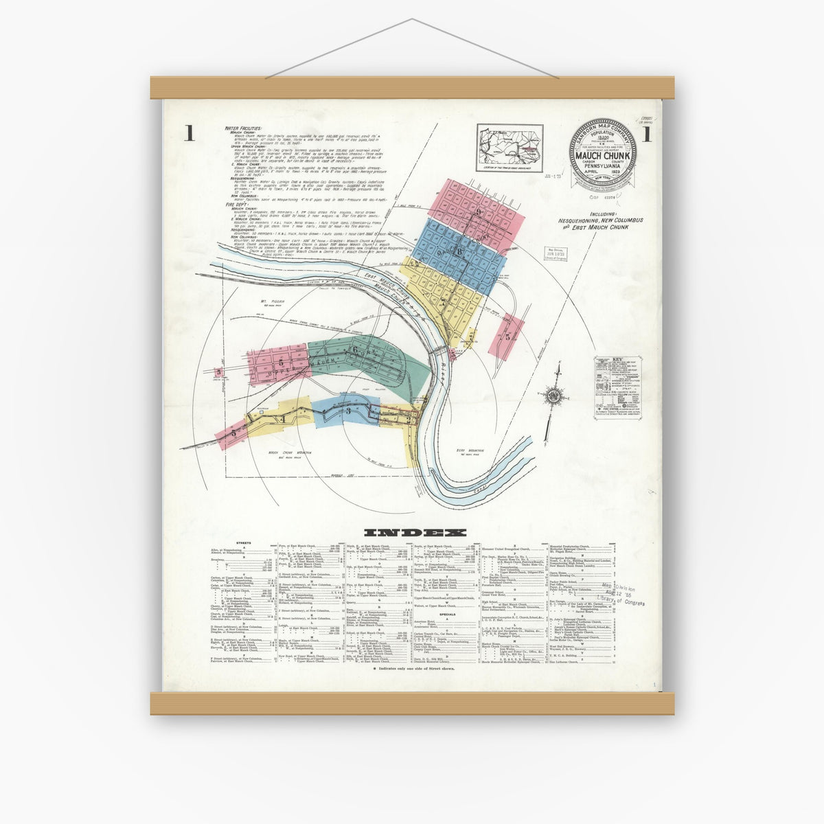 Old map wall art mockup — magnetic wood frame on white wall — Sanborn Fire Insurance Map from Mauch Chunk, Carbon County, Pennsylvania (1923) - Complete Map Set