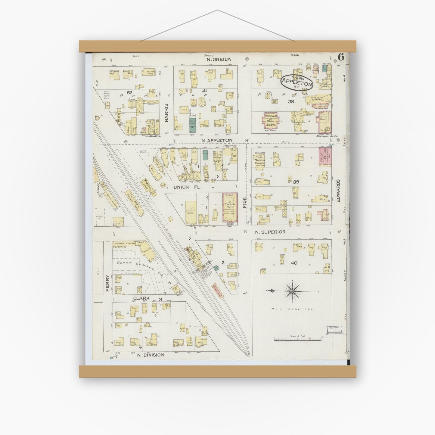 Old map wall art mockup — magnetic wood frame on white wall — Sanborn Fire Insurance Map from Appleton, Outagamie County, Wisconsin (1886), Sheet #0006