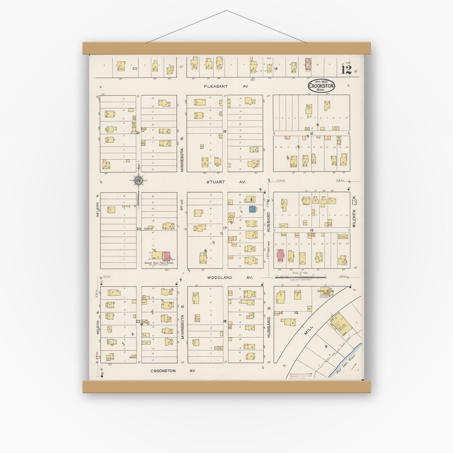 Old map wall art mockup — magnetic wood frame on white wall — Sanborn Fire Insurance Map from Crookston, Polk County, Minnesota (1922), Sheet #0012
