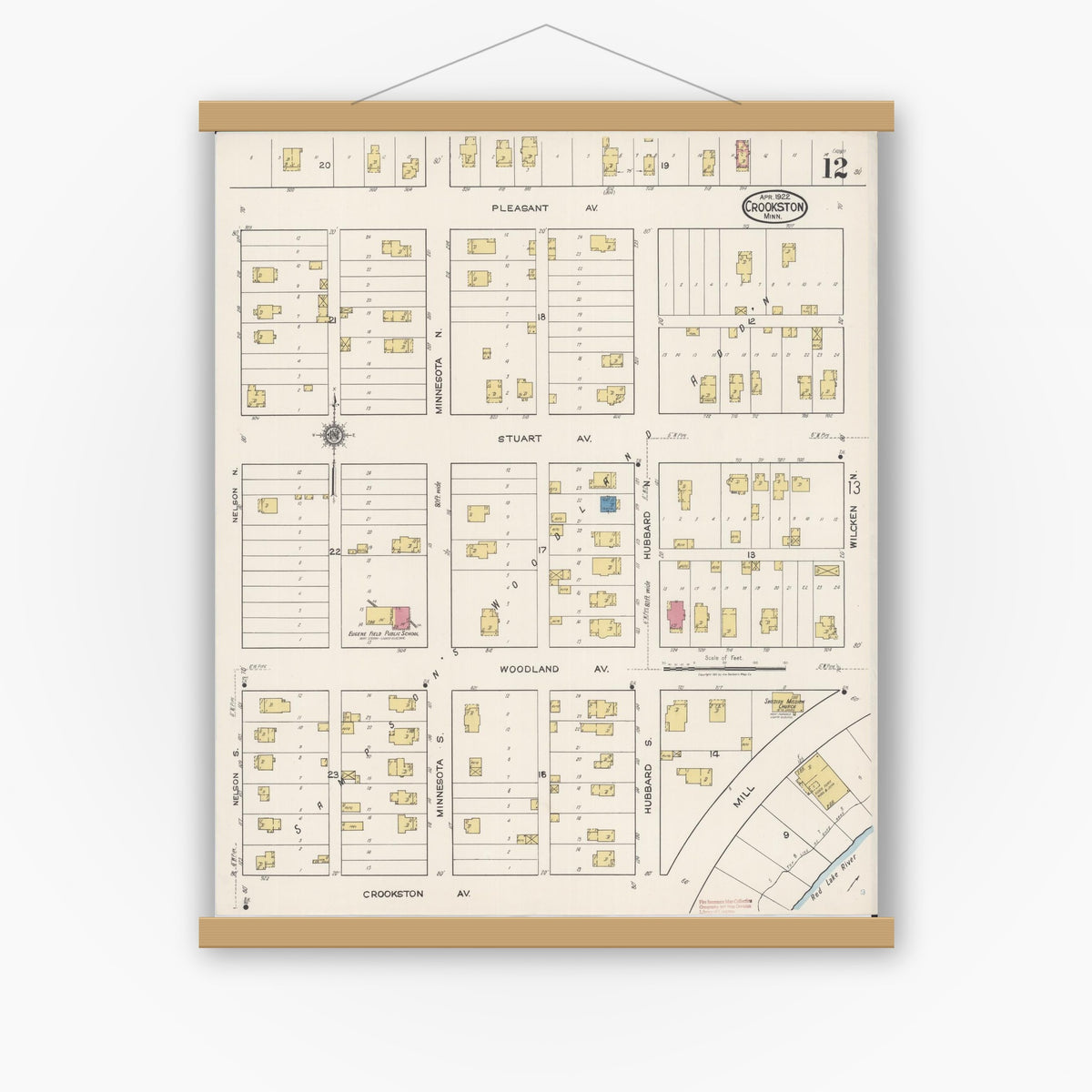 Old map wall art mockup — magnetic wood frame on white wall — Sanborn Fire Insurance Map from Crookston, Polk County, Minnesota (1922), Sheet #0012