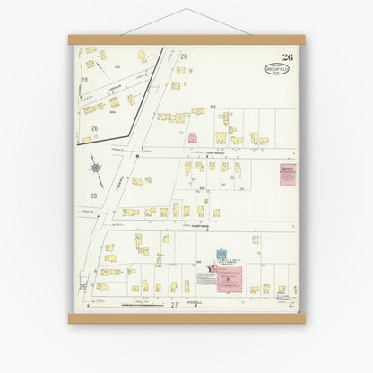 Old map wall art mockup — magnetic wood frame on white wall — Sanborn Fire Insurance Map from Greenfield, Franklin County, Massachusetts (1914), Sheet #0026