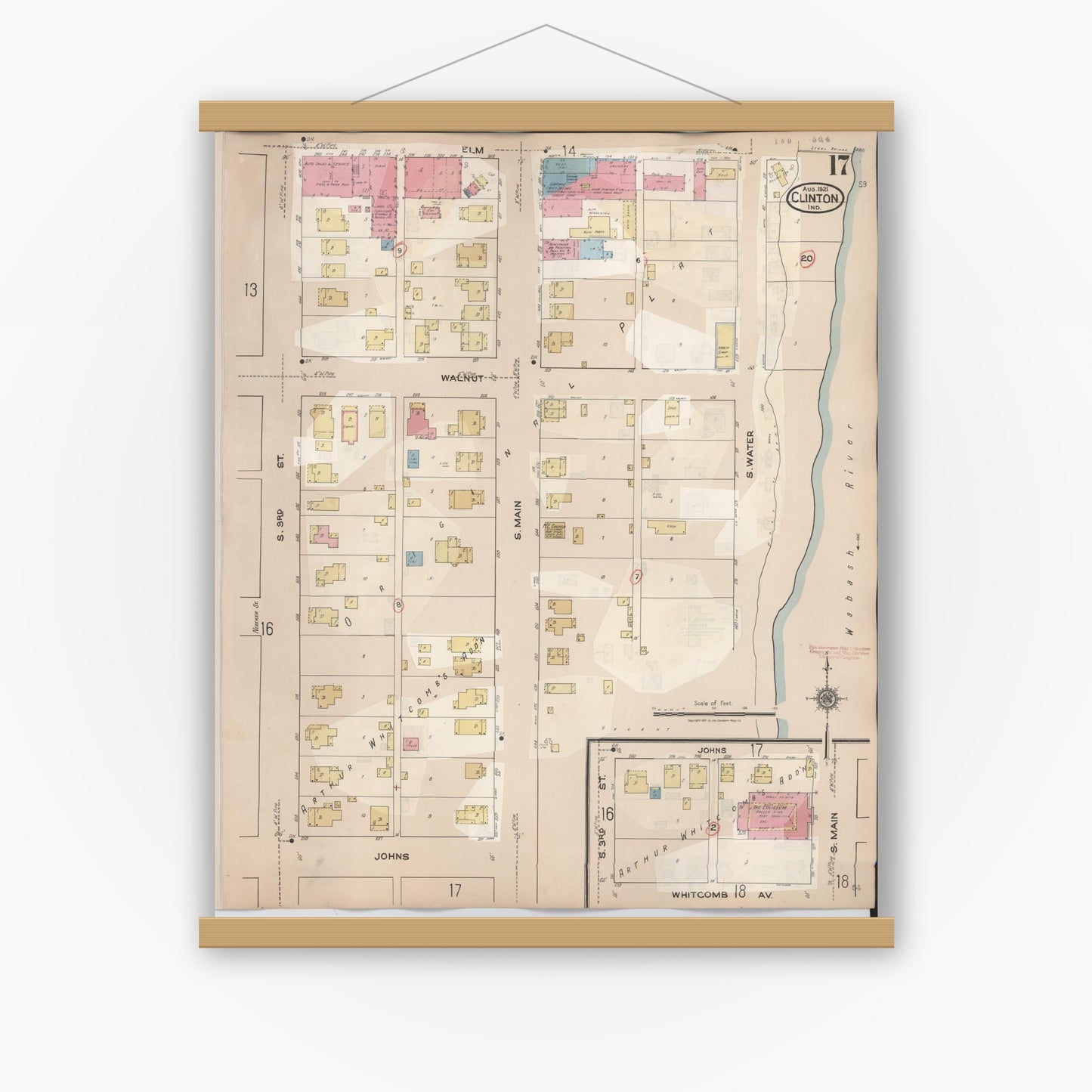 Old map wall art mockup — magnetic wood frame on white wall — Sanborn Fire Insurance Map from Clinton, Vermillion County, Indiana (1947), Sheet #0017