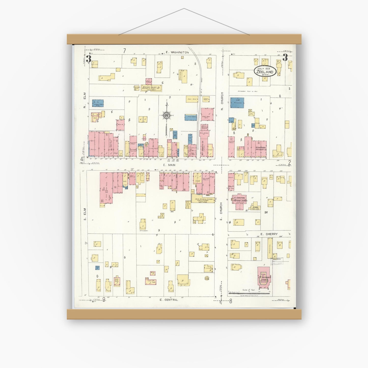 Old map wall art mockup — magnetic wood frame on white wall — Sanborn Fire Insurance Map from Zeeland, Ottawa County, Michigan (1923), Sheet #0003