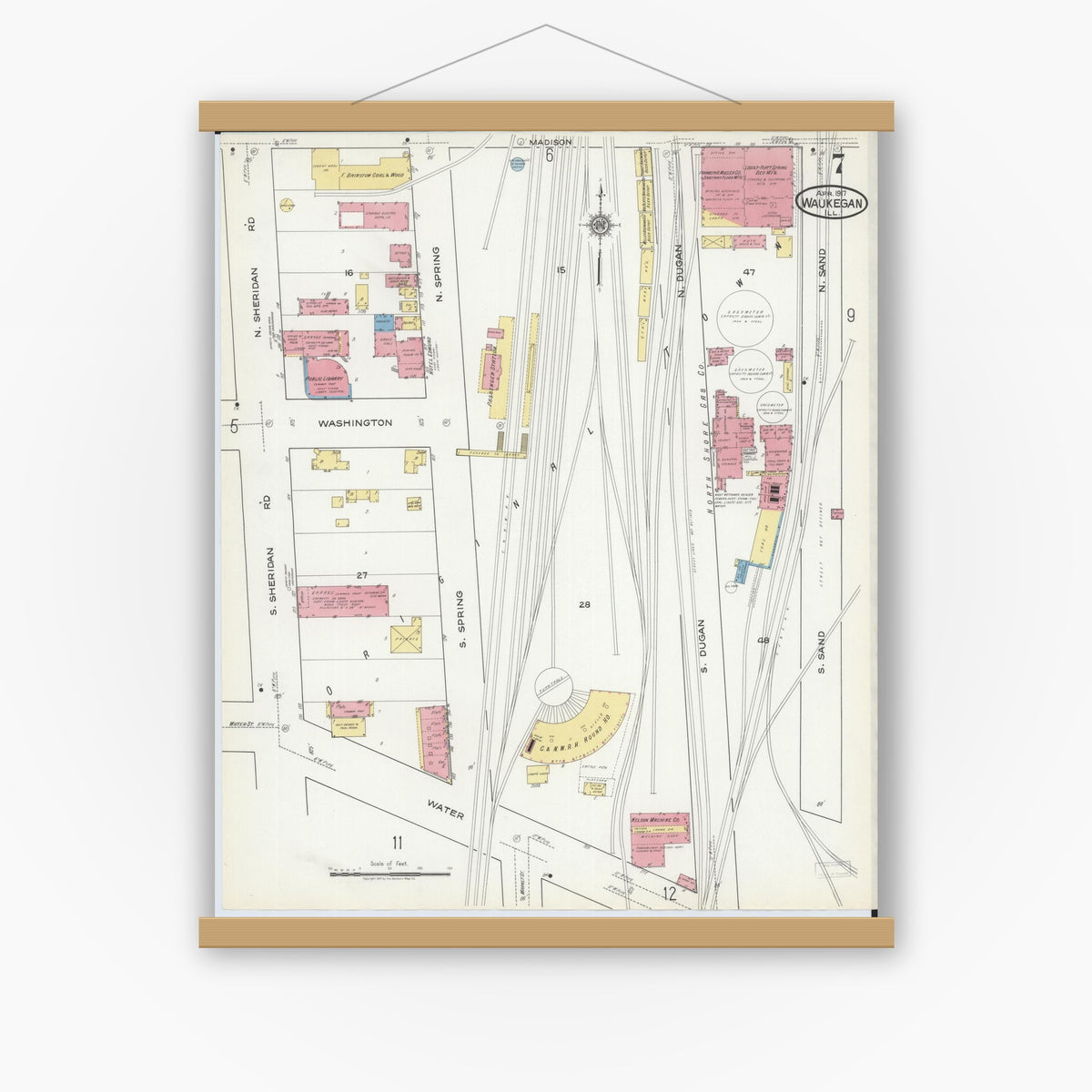 Old map wall art mockup — magnetic wood frame on white wall — Sanborn Fire Insurance Map from Waukegan, Lake County, Illinois (1917), Sheet #0007