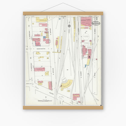 Old map wall art mockup — magnetic wood frame on white wall — Sanborn Fire Insurance Map from Waukegan, Lake County, Illinois (1917), Sheet #0007