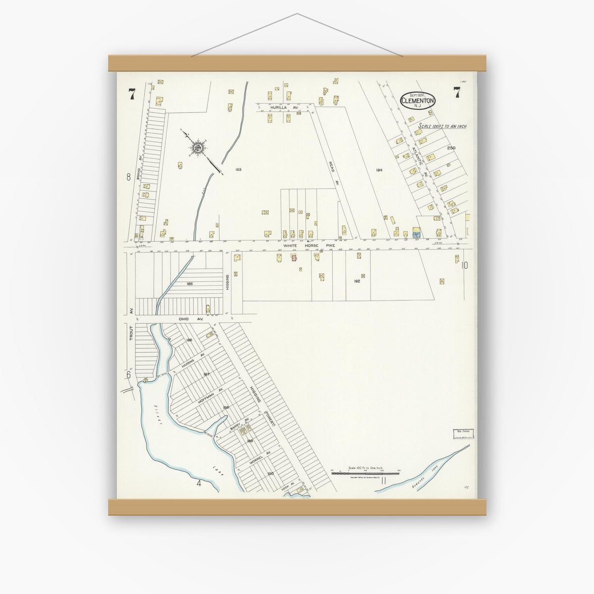 Old map wall art mockup — magnetic wood frame on white wall — Sanborn Fire Insurance Map from Clementon, Camden County, New Jersey (1924), Sheet #0007
