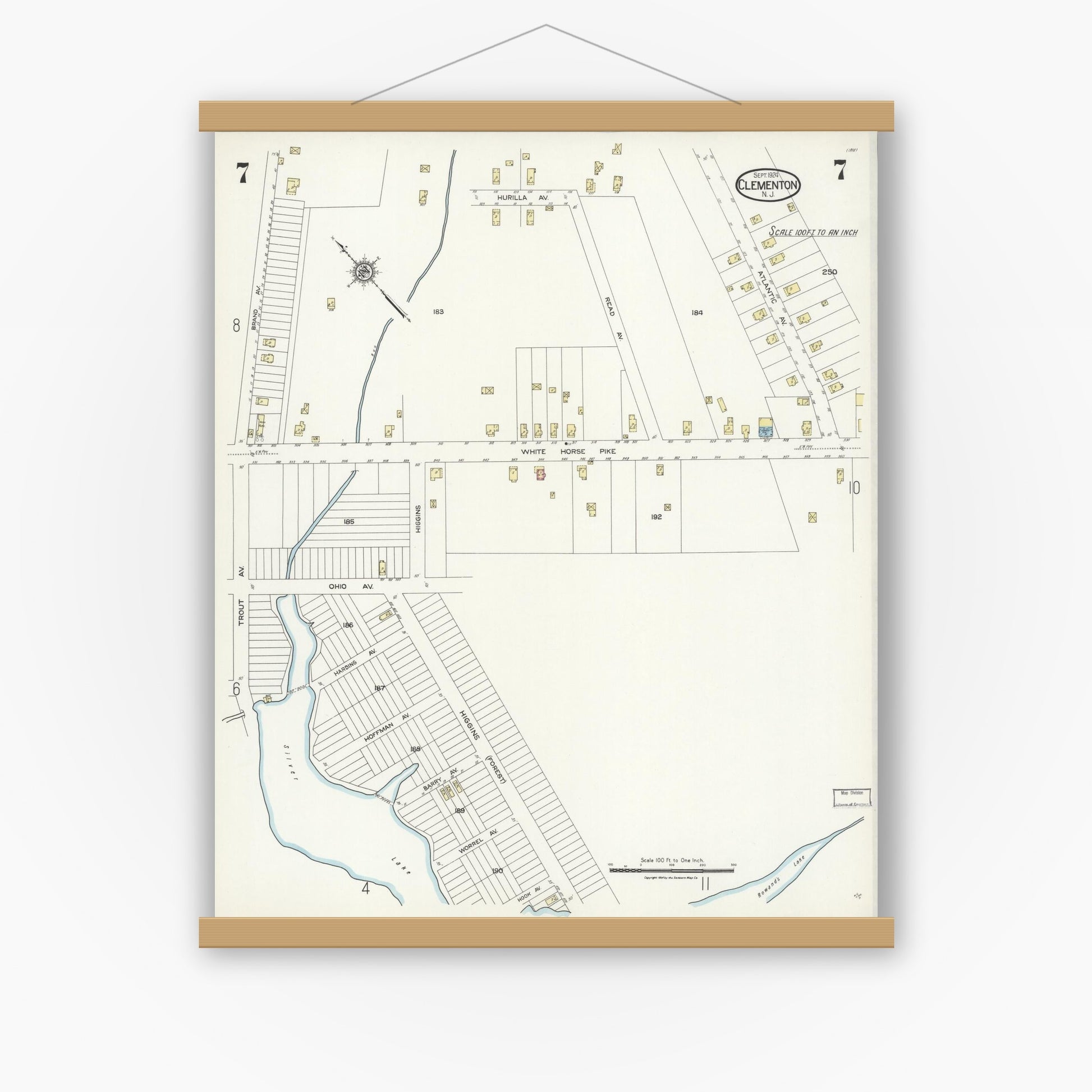 Old map wall art mockup — magnetic wood frame on white wall — Sanborn Fire Insurance Map from Clementon, Camden County, New Jersey (1924), Sheet #0007
