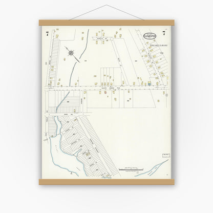 Old map wall art mockup — magnetic wood frame on white wall — Sanborn Fire Insurance Map from Clementon, Camden County, New Jersey (1924), Sheet #0007
