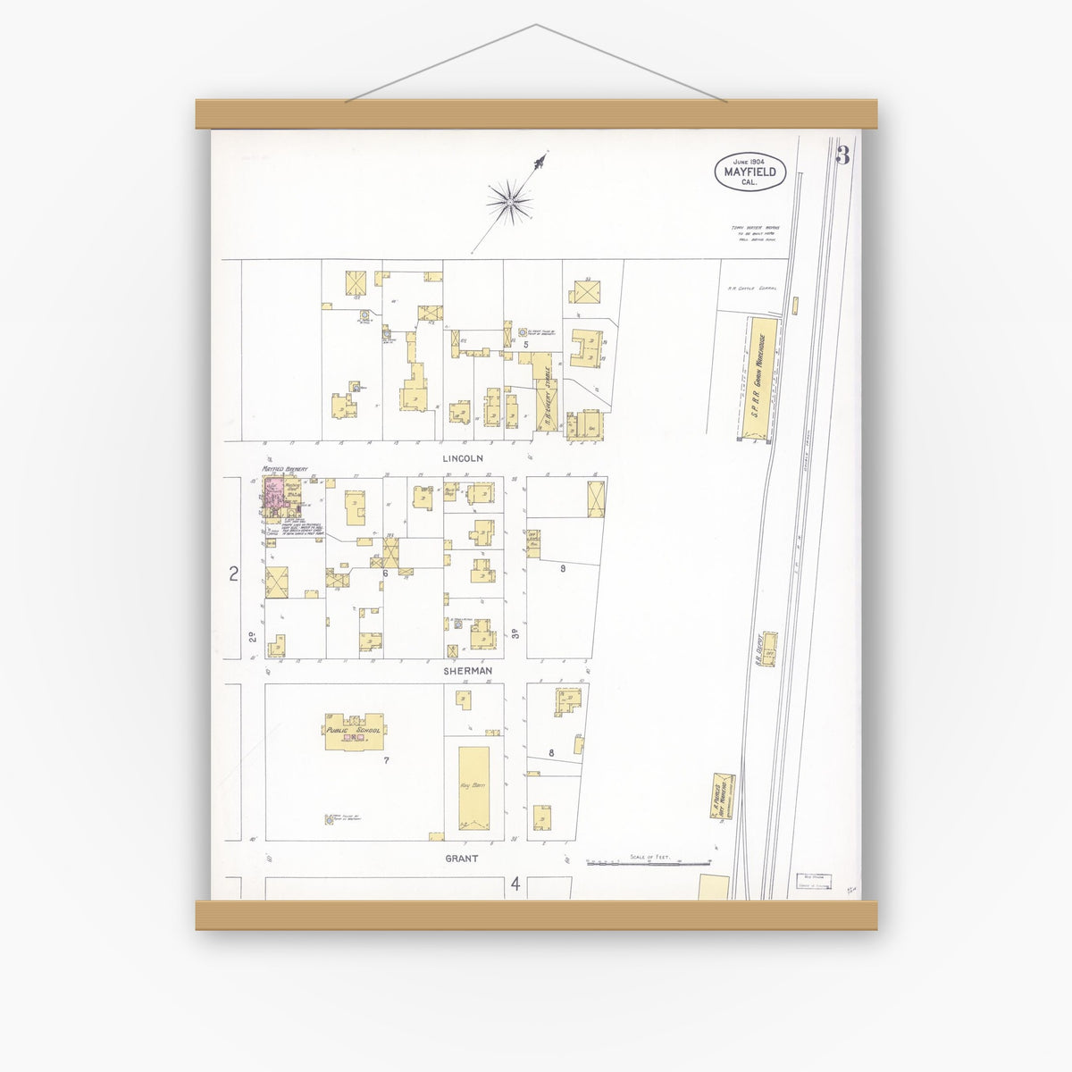 Old map wall art mockup — magnetic wood frame on white wall — Sanborn Fire Insurance Map from Mayfield, Santa Clara County, California (1904), Sheet #0003