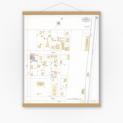 Old map wall art mockup — magnetic wood frame on white wall — Sanborn Fire Insurance Map from Mayfield, Santa Clara County, California (1904), Sheet #0003