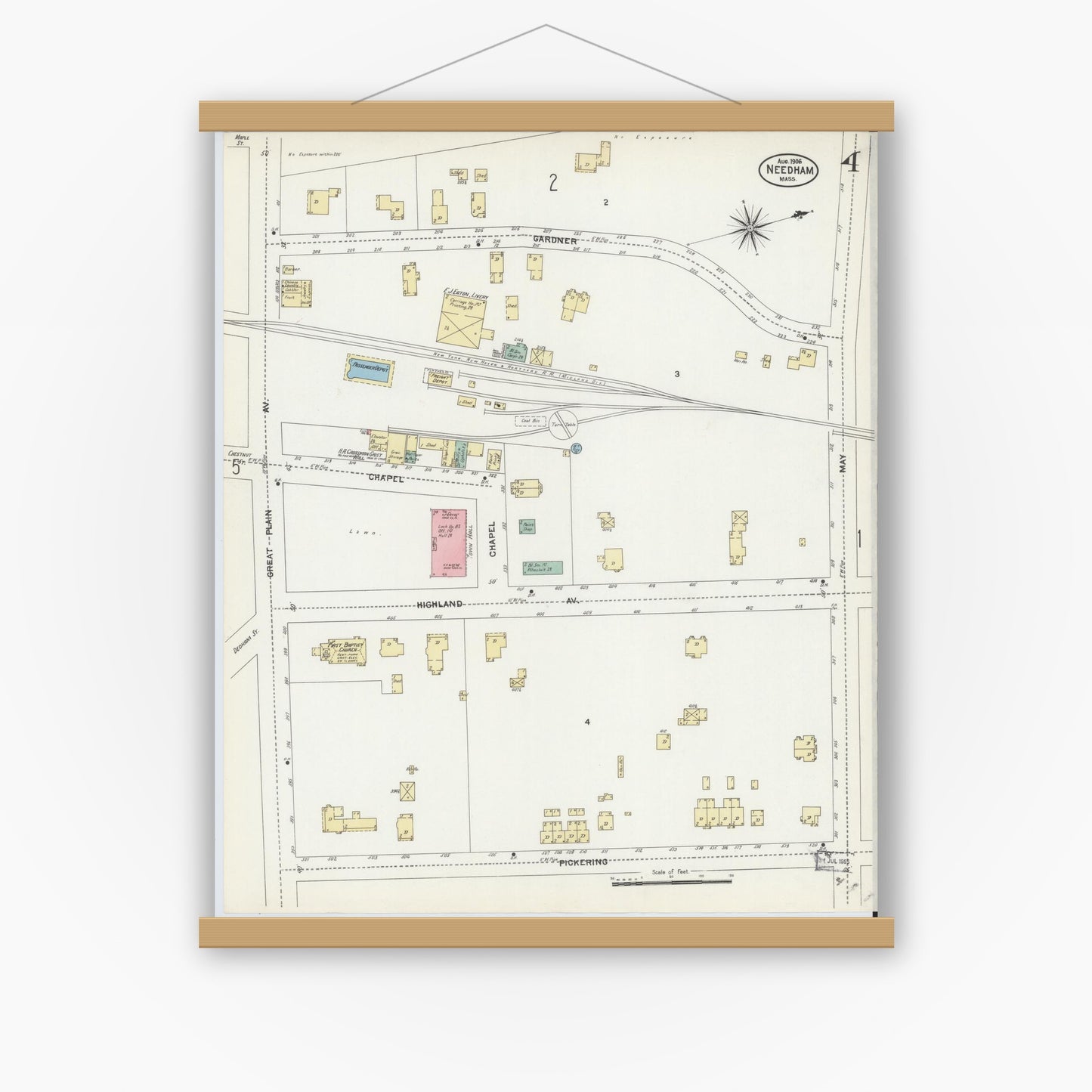 Old map wall art mockup — magnetic wood frame on white wall — Sanborn Fire Insurance Map from Needham, Norfolk County, Massachusetts (1906), Sheet #0004