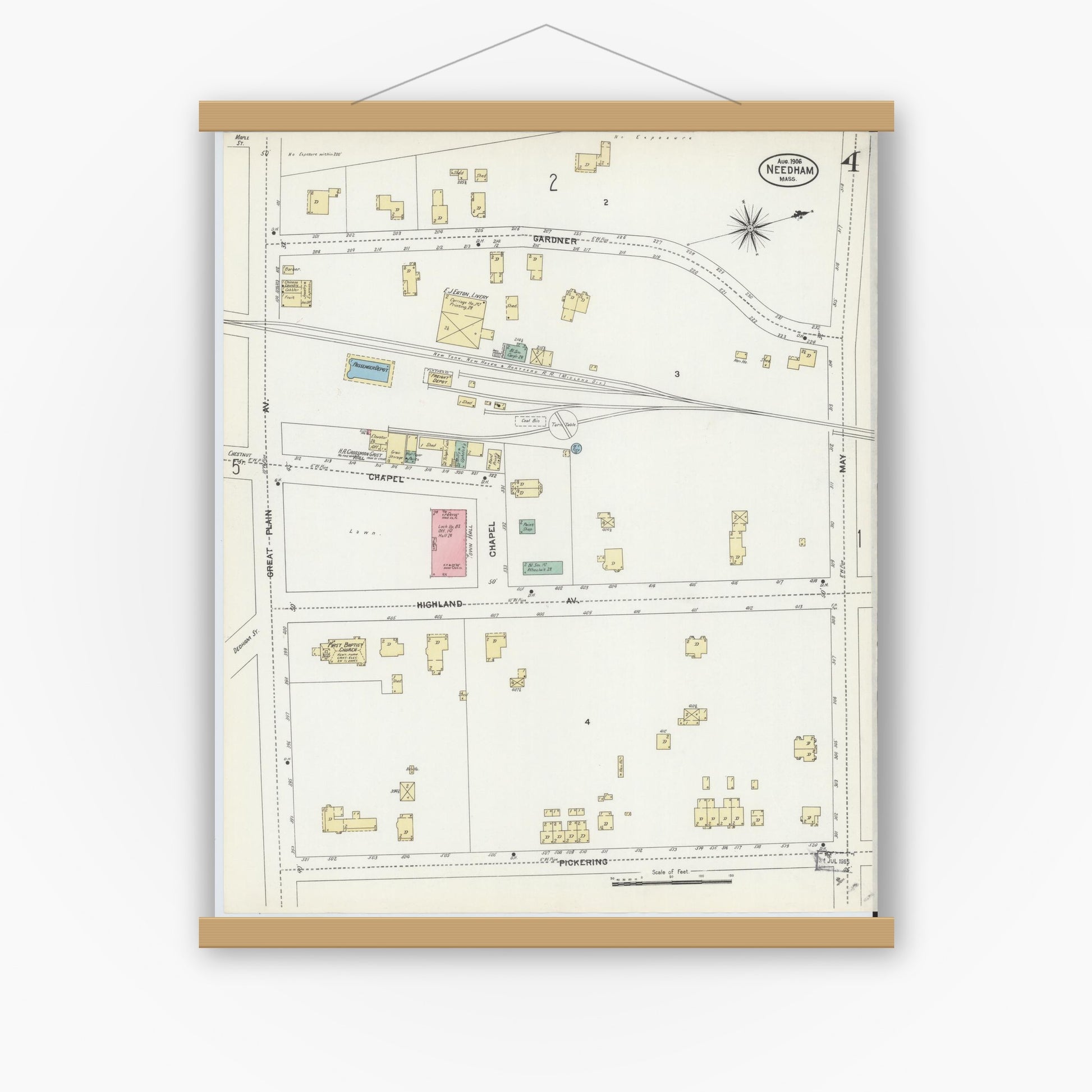Old map wall art mockup — magnetic wood frame on white wall — Sanborn Fire Insurance Map from Needham, Norfolk County, Massachusetts (1906), Sheet #0004