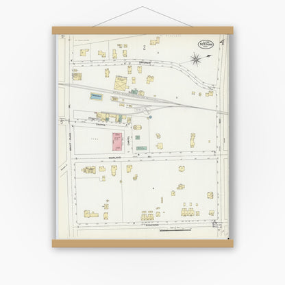 Old map wall art mockup — magnetic wood frame on white wall — Sanborn Fire Insurance Map from Needham, Norfolk County, Massachusetts (1906), Sheet #0004