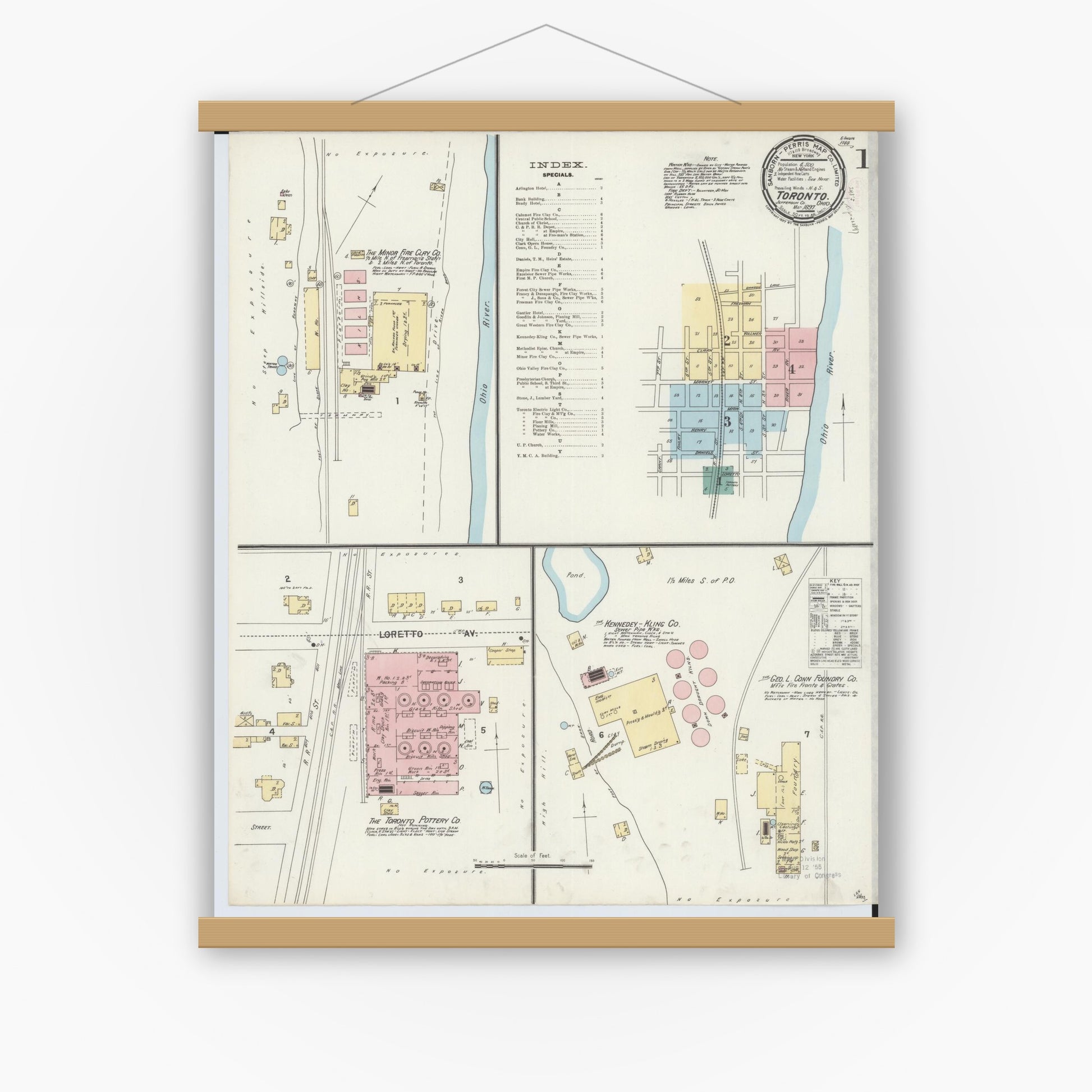 Old map wall art mockup — magnetic wood frame on white wall — Sanborn Fire Insurance Map from Toronto, Jefferson County, Ohio (1897) - Complete Map Set