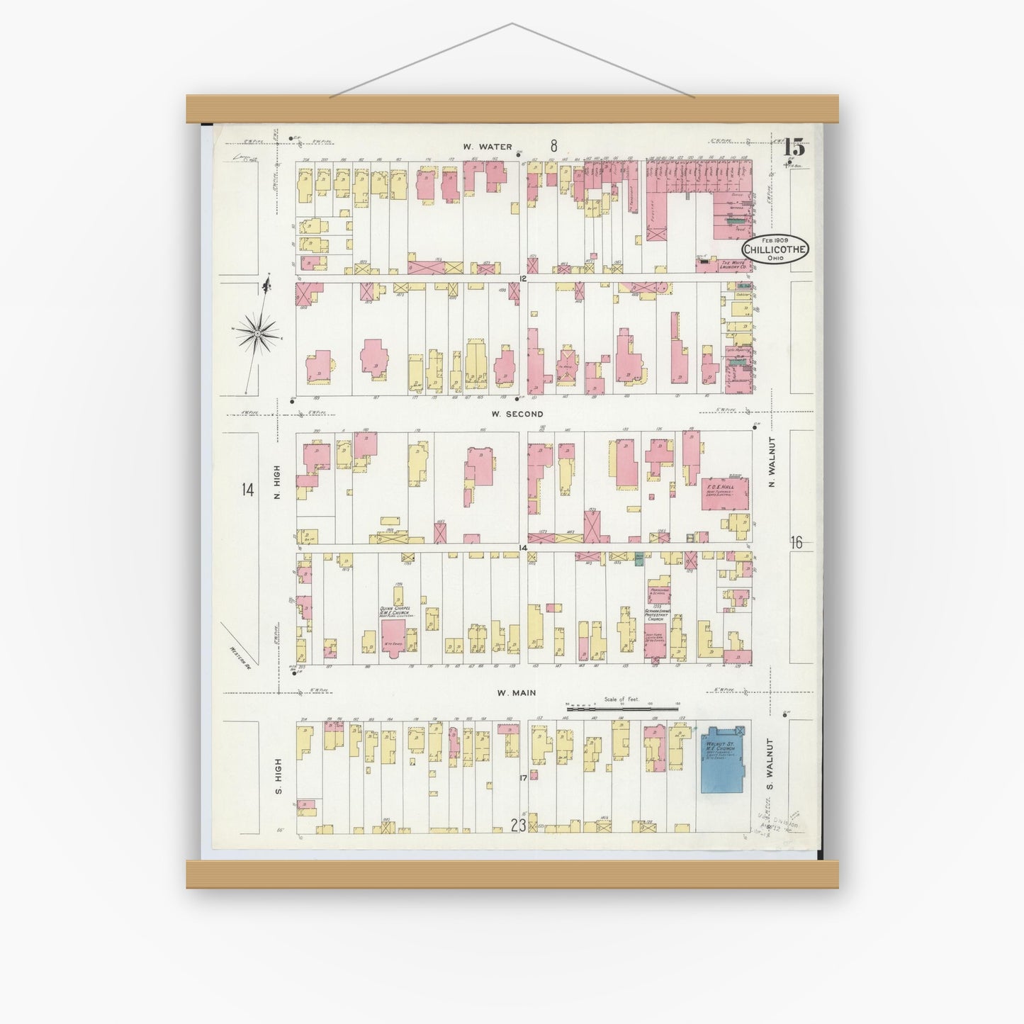 Old map wall art mockup — magnetic wood frame on white wall — Sanborn Fire Insurance Map from Chillicothe, Ross County, Ohio (1909), Sheet #0015